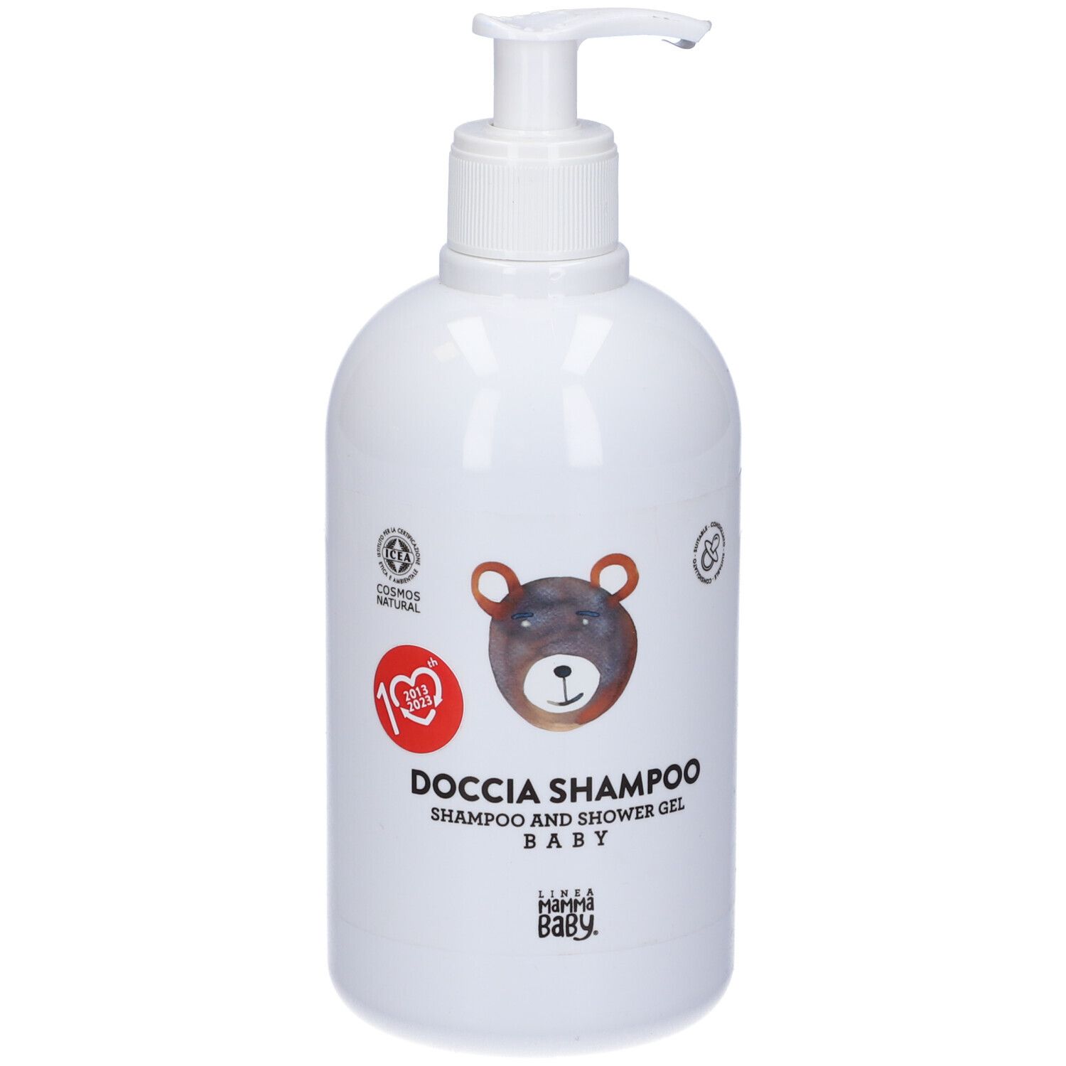Flacone bianco con dosatore. Scritta: DOCIA SHAMPOO BABY, illustrazione orso, sigillo COSMOS NATURAL.