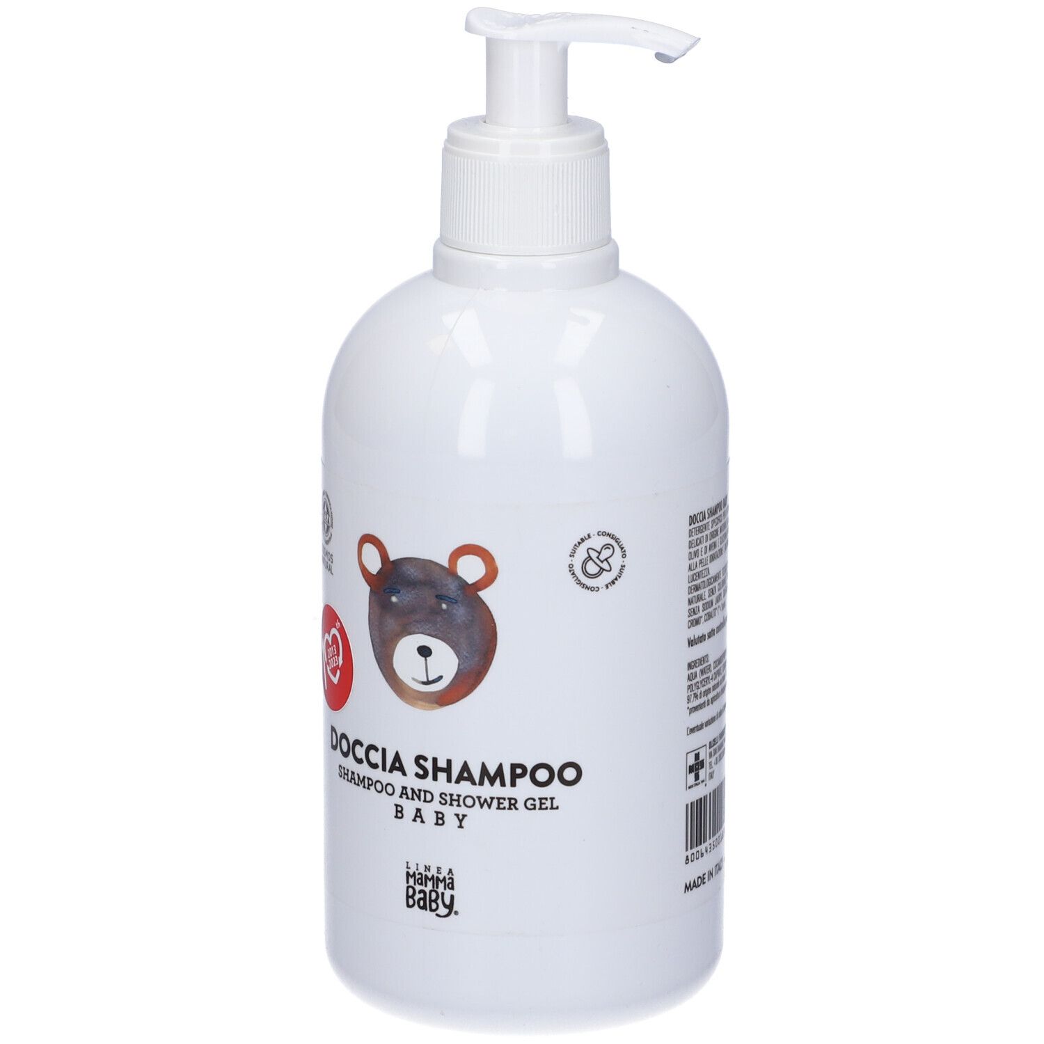 Flacone bianco con dosatore. Scritta: DOCIA SHAMPOO BABY, illustrazione orso, sigillo COSMOS NATURAL.
