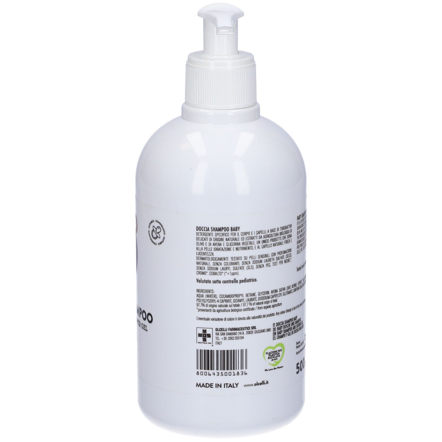 Flacone bianco con dosatore. Testo e simboli sul retro. 500 ml, Made in Italy.