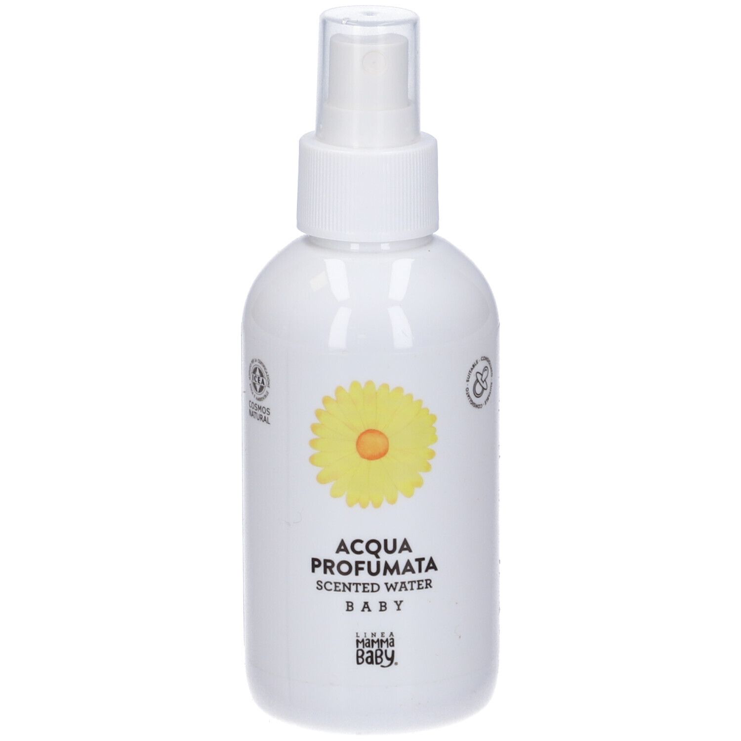 Flacone bianco con vaporizzatore e fiore giallo. Scritto: Acqua Profumata Baby. Loghi: Cosmos Natural, ICADA.