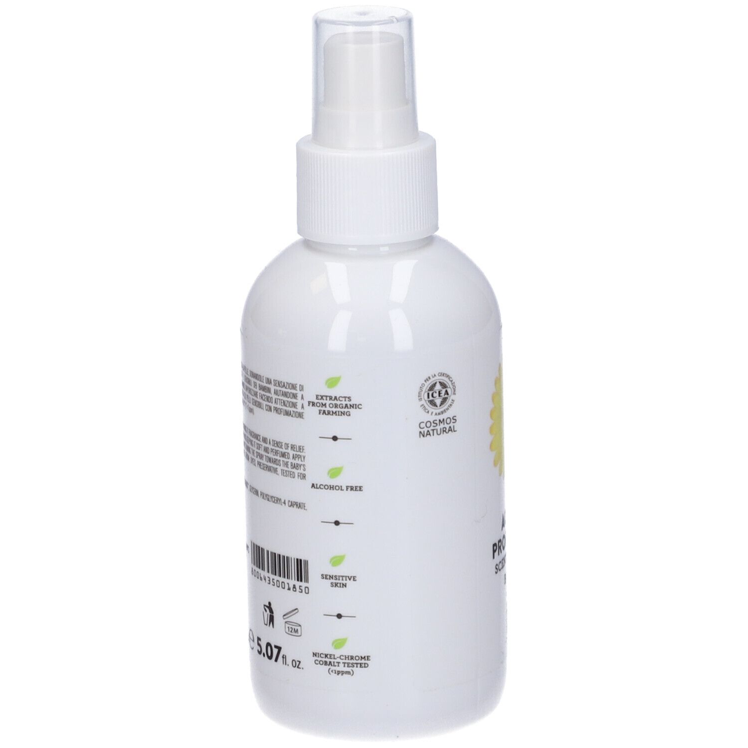 Flacone bianco con vaporizzatore. Scritto: Acqua Profumata Baby. Loghi: Cosmos Natural, ICADA. Testo e codice a barre.