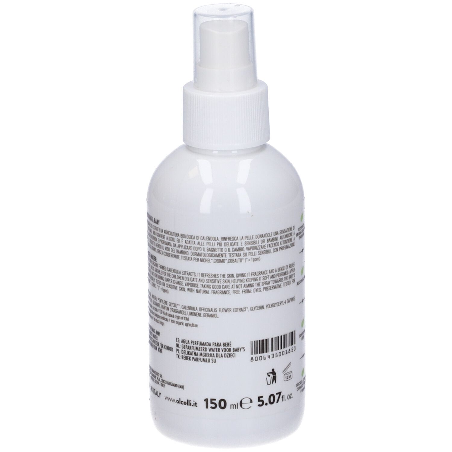 Flacone bianco con vaporizzatore. Scritto: Acqua Profumata Baby. Testo, codice a barre, loghi: Cosmos Natural, ICADA.