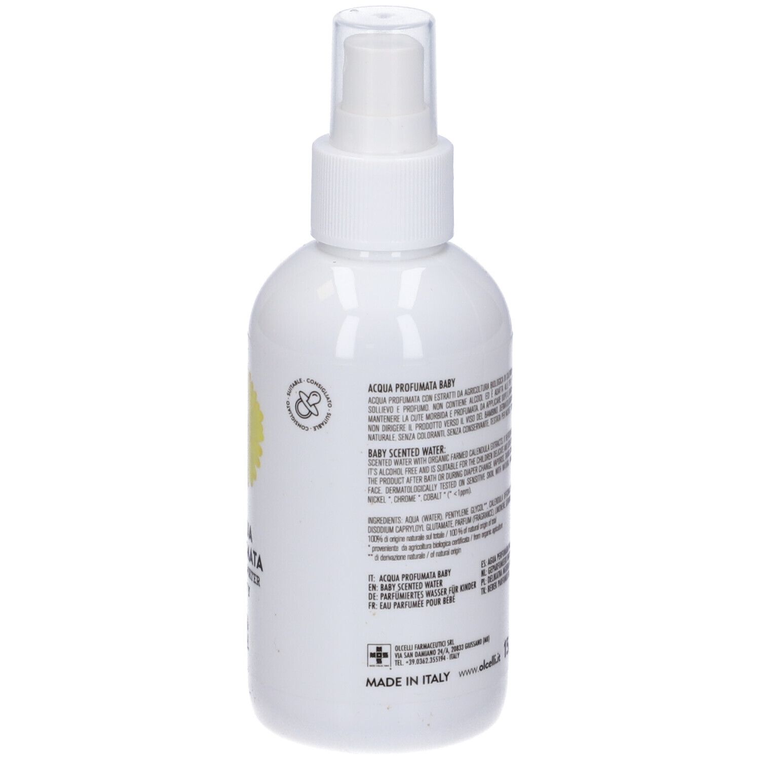 Flacone bianco con vaporizzatore. Scritto: Acqua Profumata Baby. Testo, codice a barre, loghi: Cosmos Natural, ICADA.