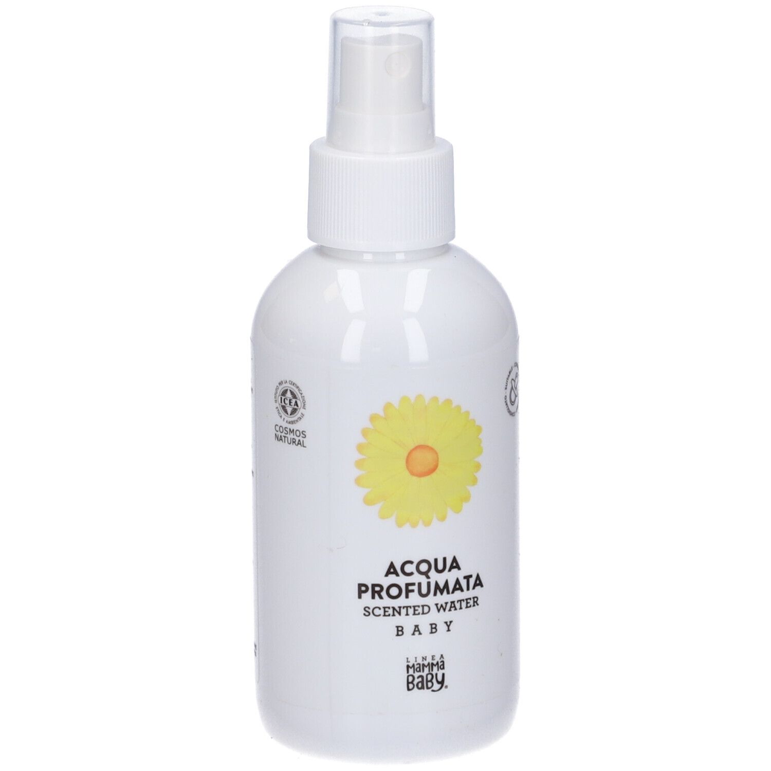 Flacone bianco con vaporizzatore e fiore giallo. Scritto: Acqua Profumata Baby. Loghi: Cosmos Natural, ICADA.