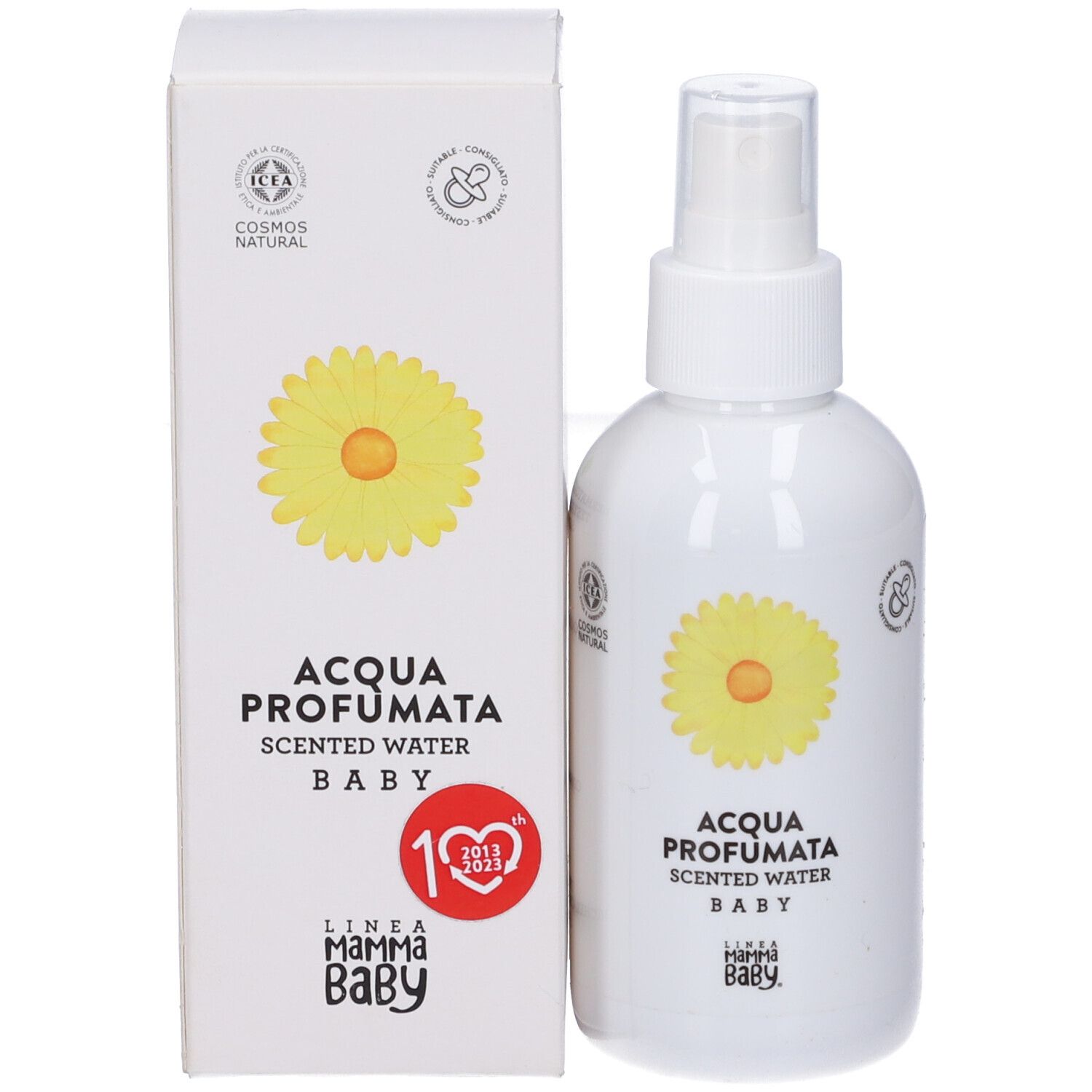 Flacone e scatola bianchi. Scritto: Acqua Profumata Baby. Loghi: Cosmos Natural, ICADA. Logo anniversario.