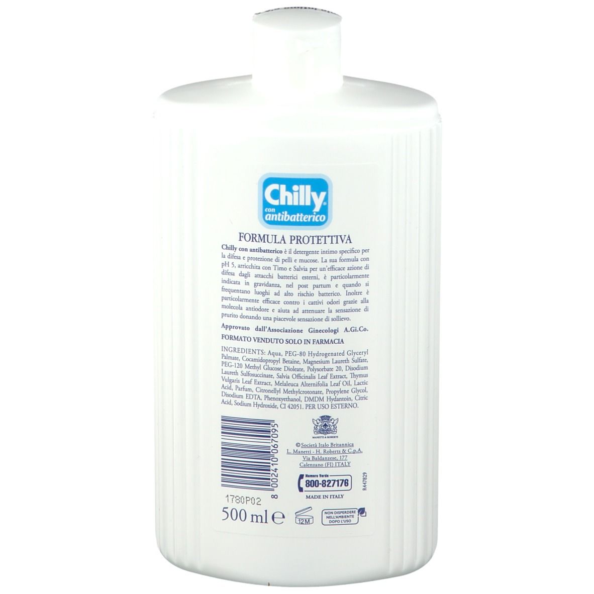 Flacone bianco, retro. Testo: Chilly Antibatterico, formula, ingredienti, codice a barre. Scritta: 500 ml.