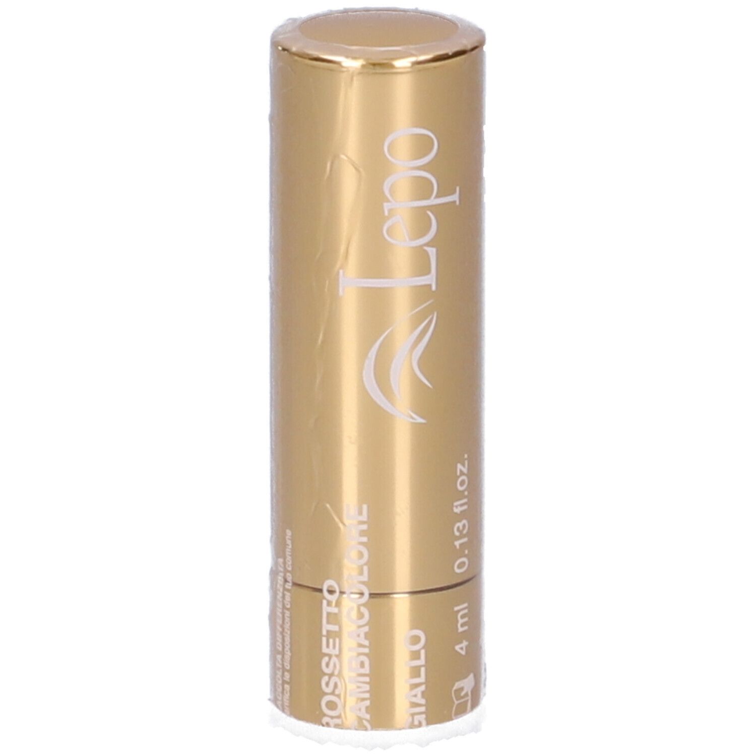Confezione rossetto dorata con coperchio trasparente. Scritta: "LEPO ROSSETTO CAMBIACOLORE GIALLO".