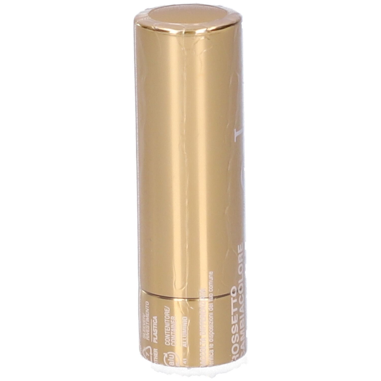 Confezione rossetto dorata con coperchio trasparente. Scritta: "ROSSETTO CAMBIACOLORE".