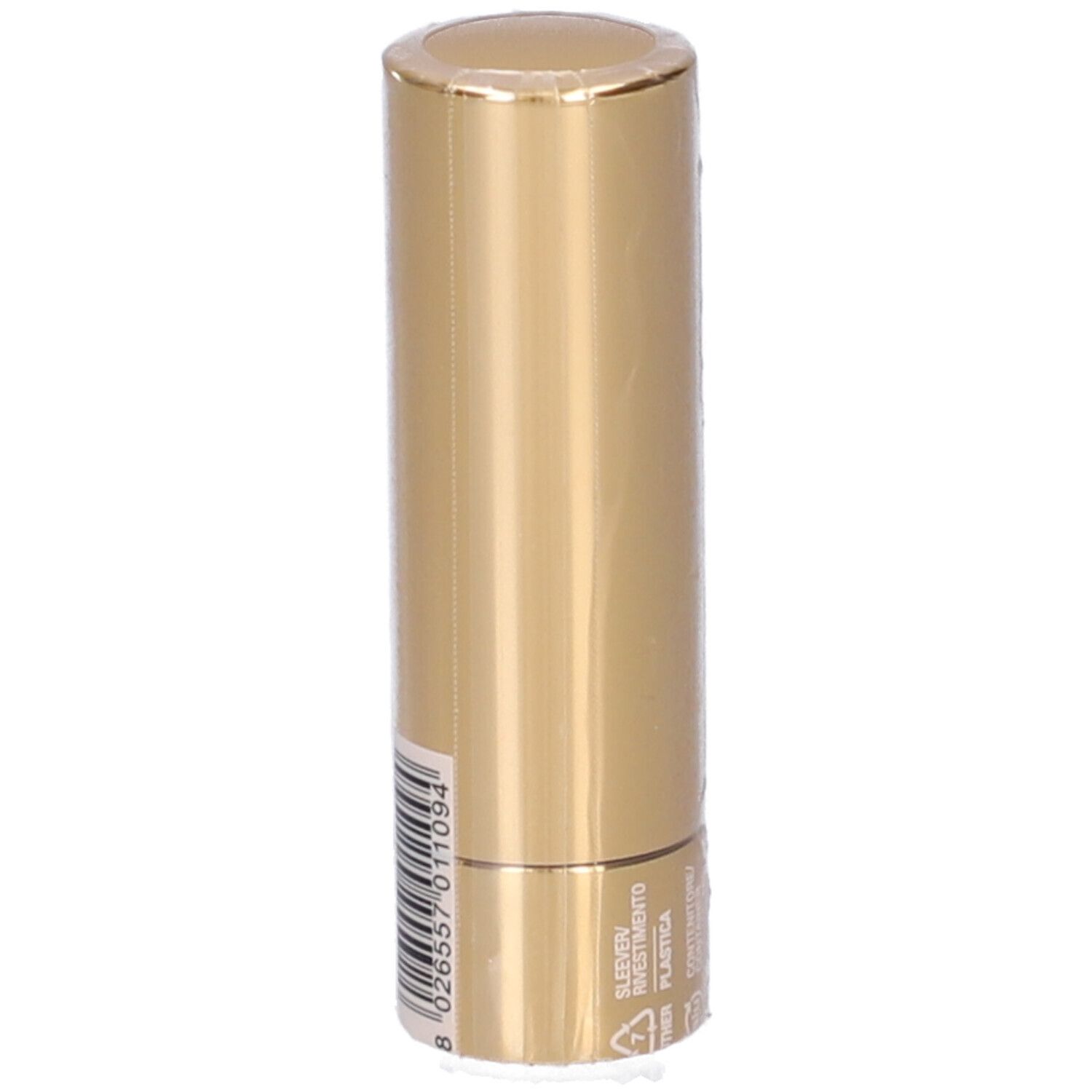 Confezione rossetto dorata con coperchio trasparente. Codice a barre e scritta.