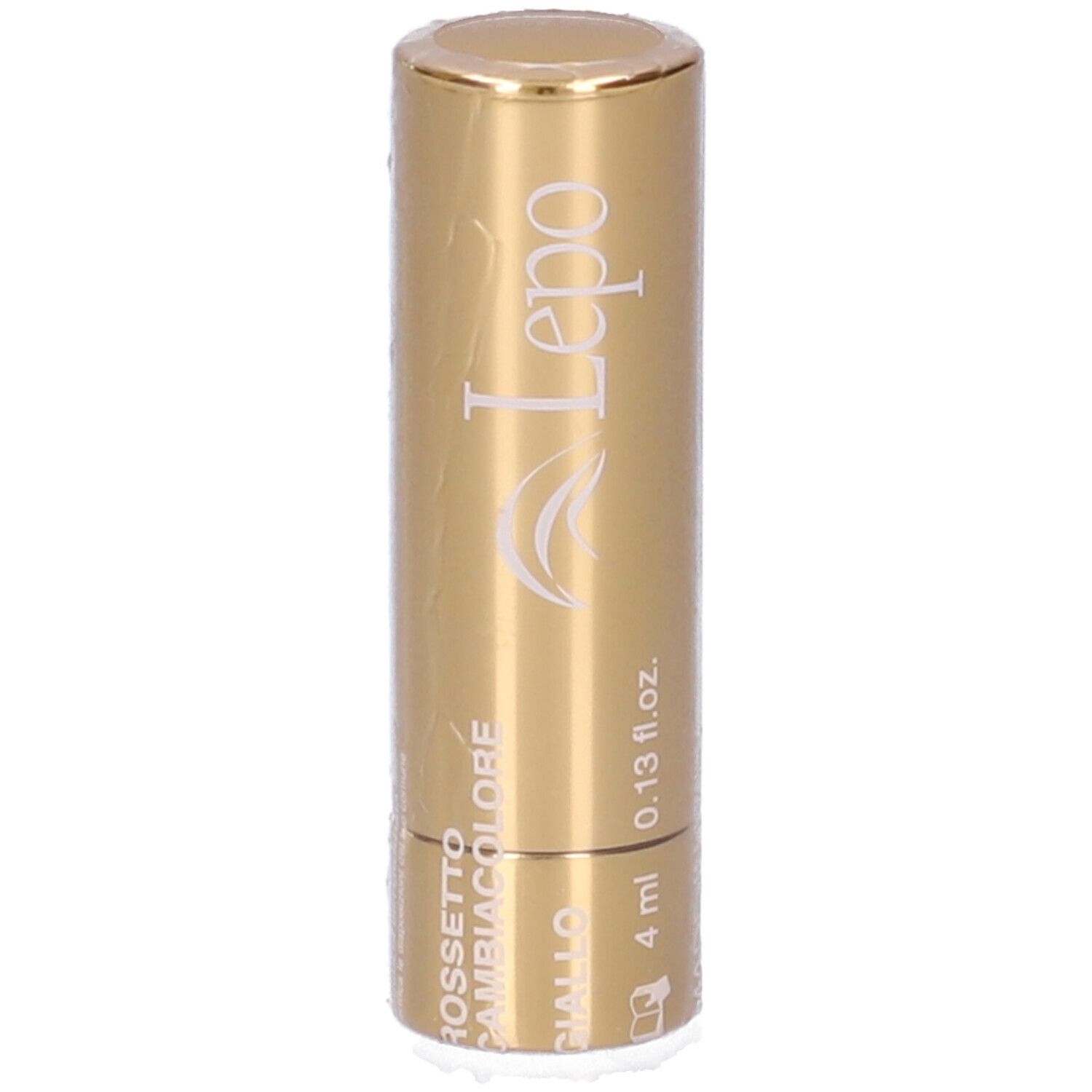 Confezione rossetto dorata con coperchio trasparente. Scritta: "LEPO ROSSETTO CAMBIACOLORE GIALLO".