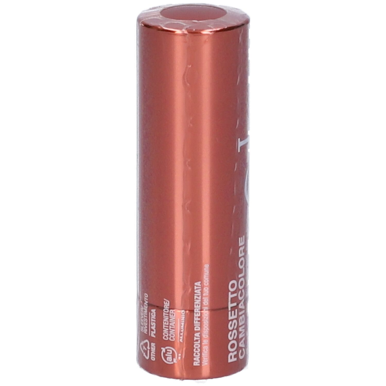 Confezione cilindrica. Scritta: Rossetto Cambiacolore Arancio, logo.