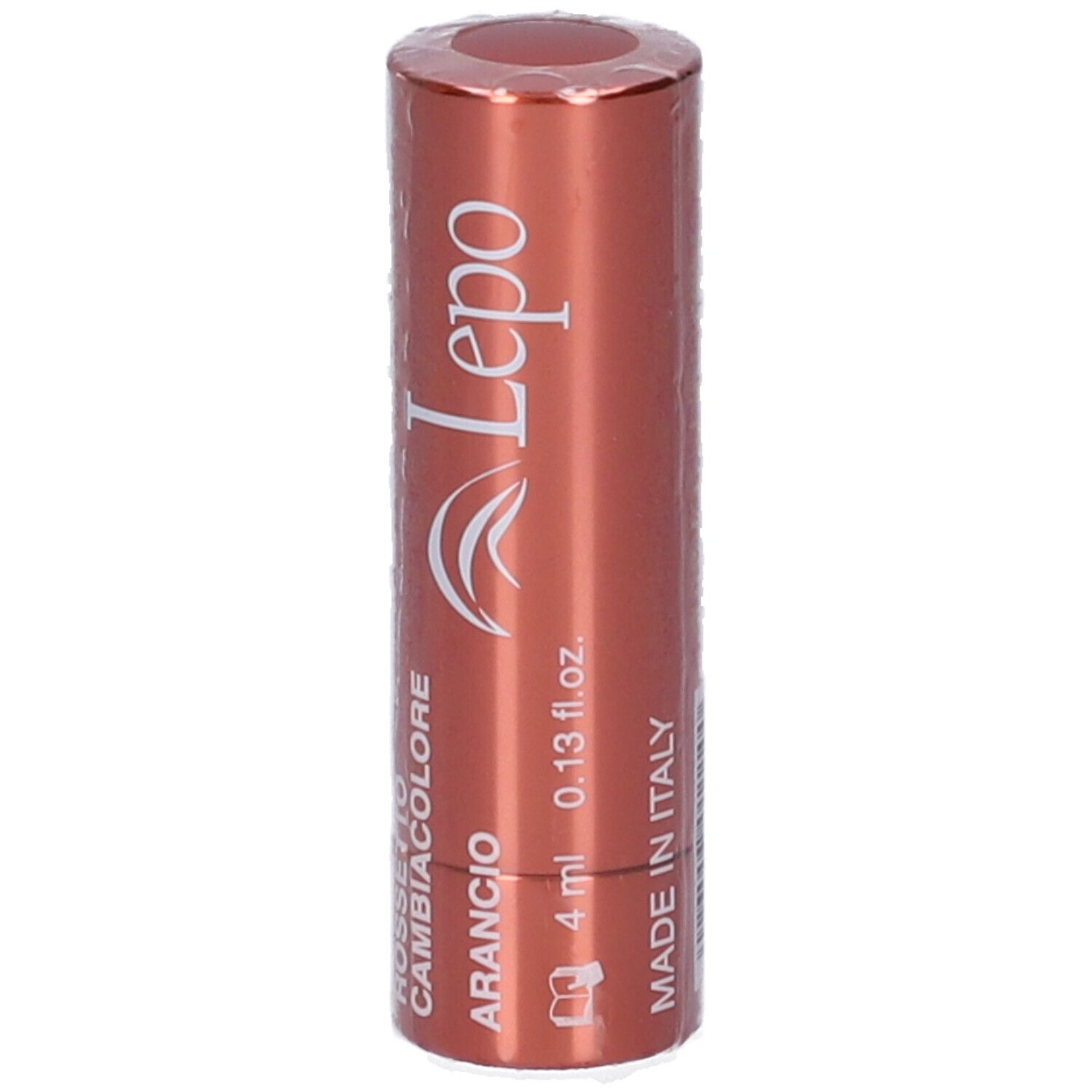 Confezione cilindrica. Scritta: Rossetto Cambiacolore Arancio, logo.
