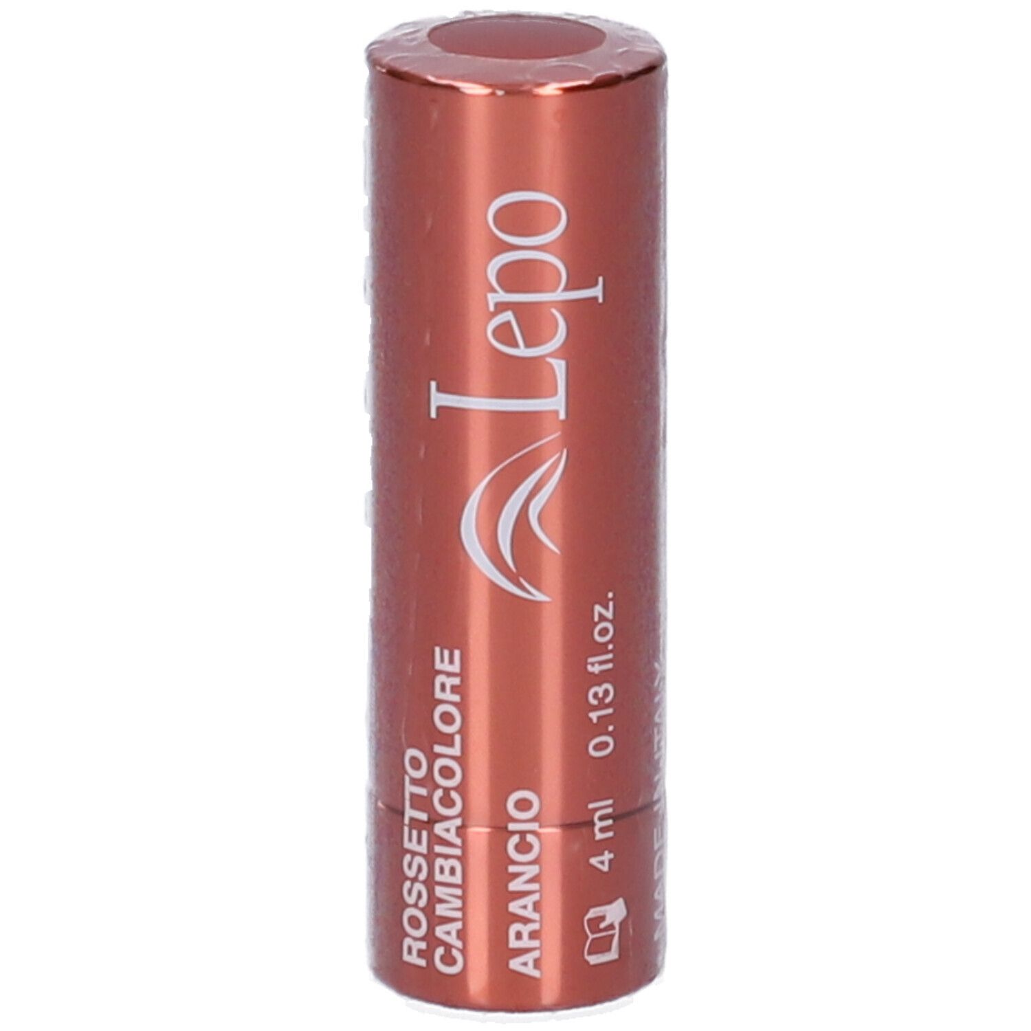 Confezione cilindrica. Scritta: Rossetto Cambiacolore Arancio, logo.