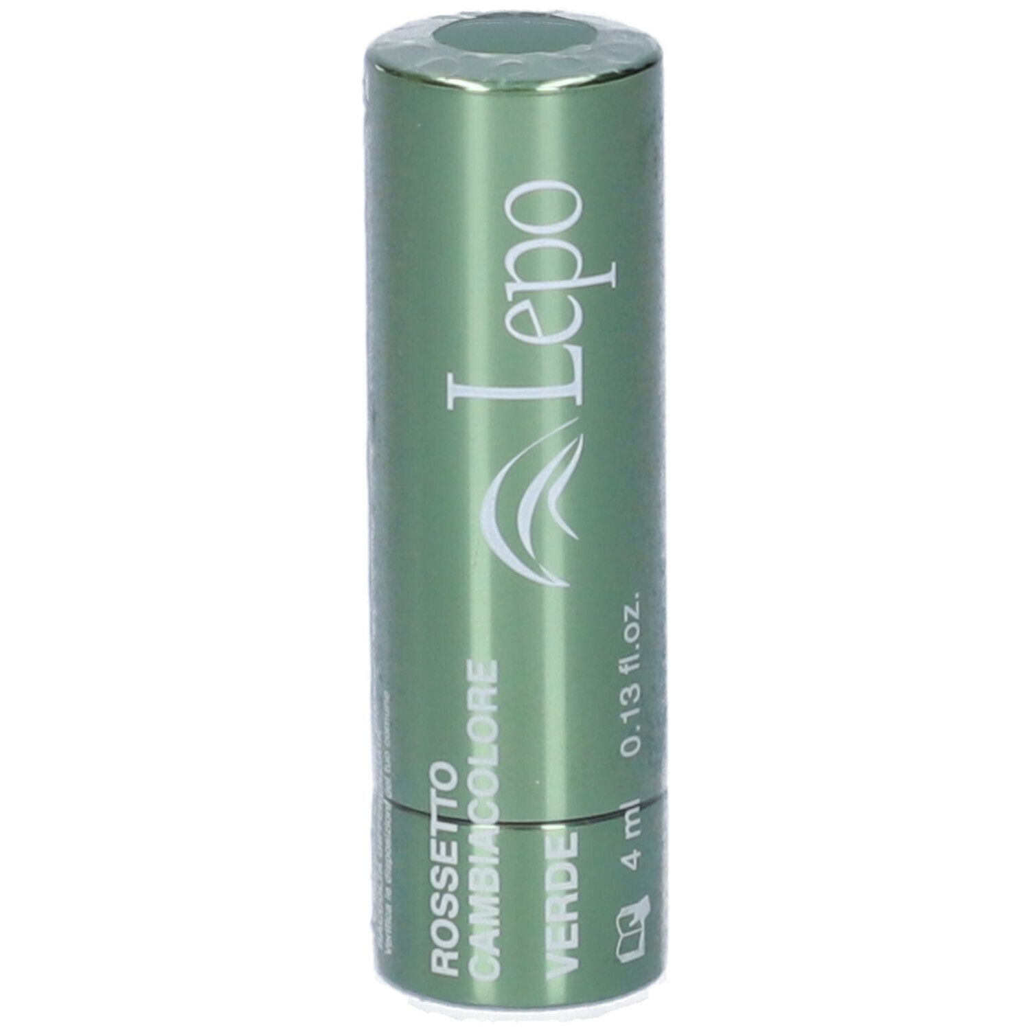 Rossetto verde in confezione. Astuccio cilindrico con logo e testo. 'Rossetto Cambiacolore Verde'.