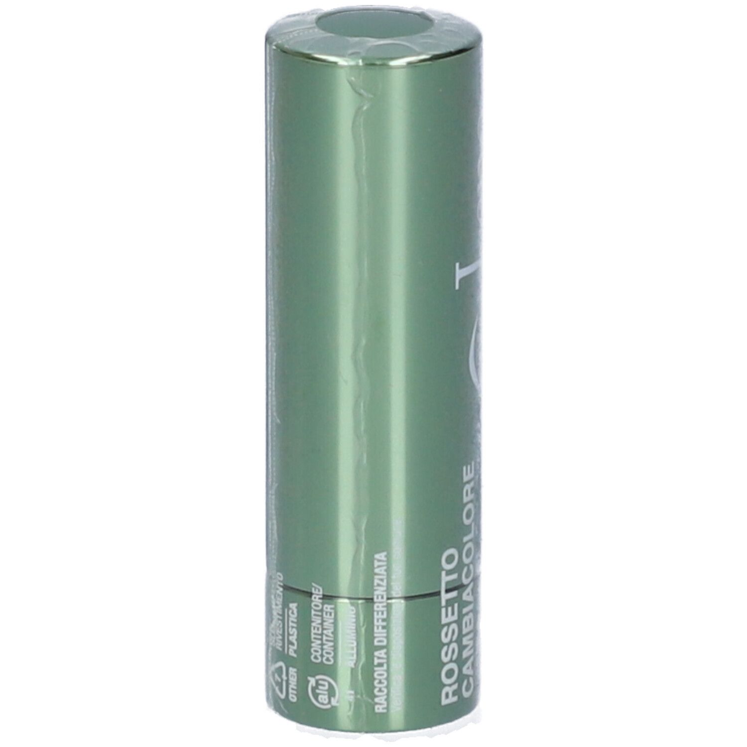 Rossetto verde confezionato. Astuccio cilindrico. Testo: 'Rossetto Cambiacolore Verde'.