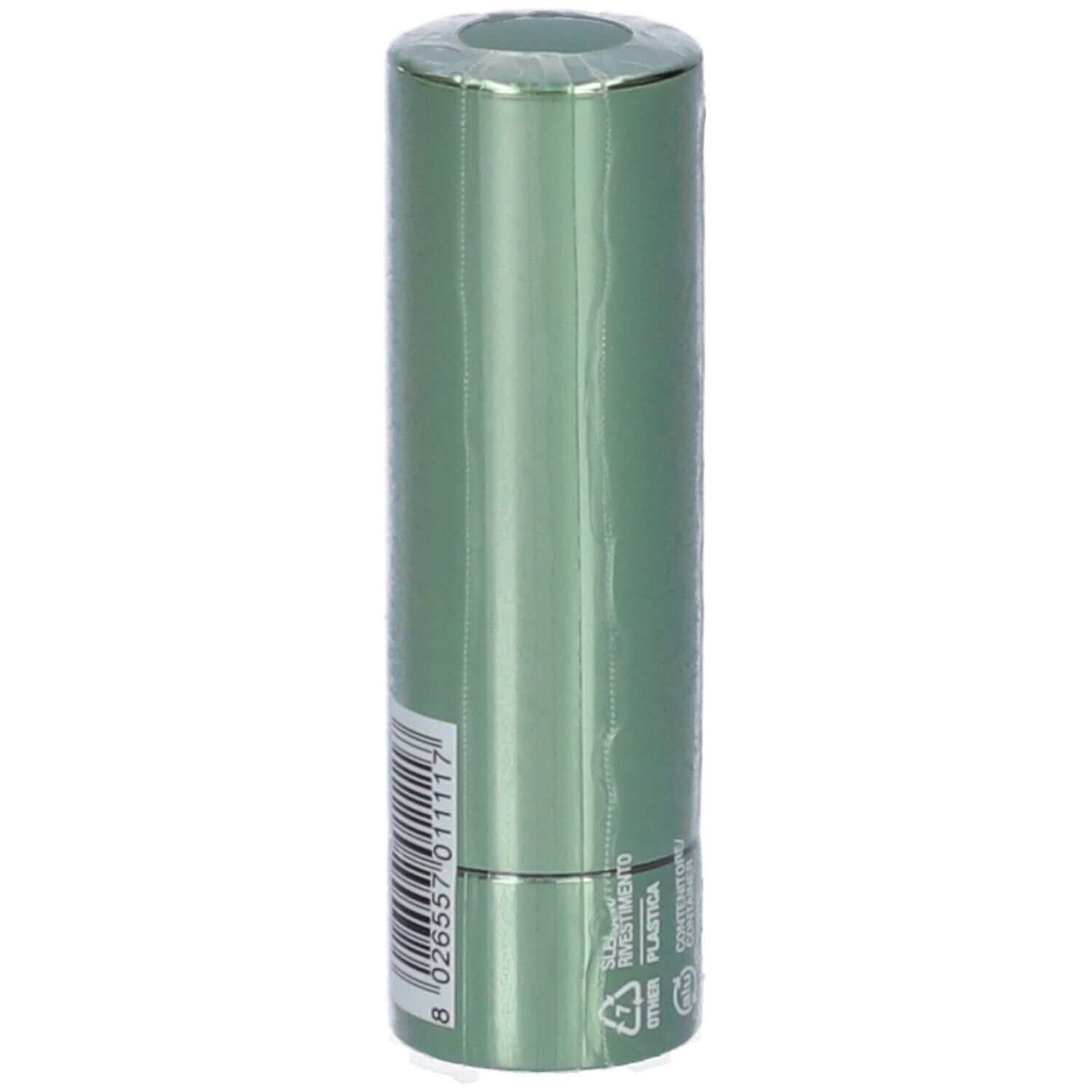 Rossetto verde confezionato. Astuccio cilindrico. Codice a barre e testo.