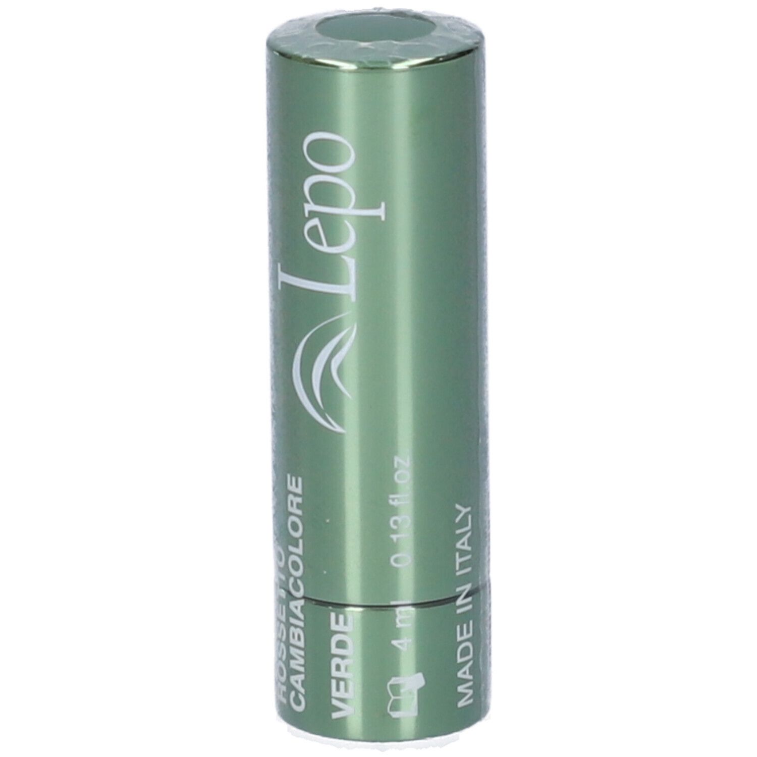 Rossetto verde confezionato. Astuccio cilindrico. Testo: 'Made in Italy'.
