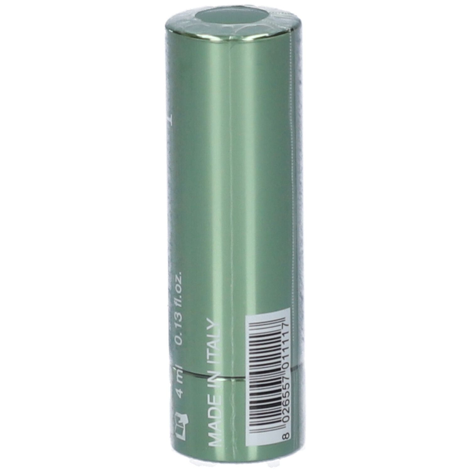 Rossetto verde confezionato. Astuccio cilindrico. Testo: 'Made in Italy'.