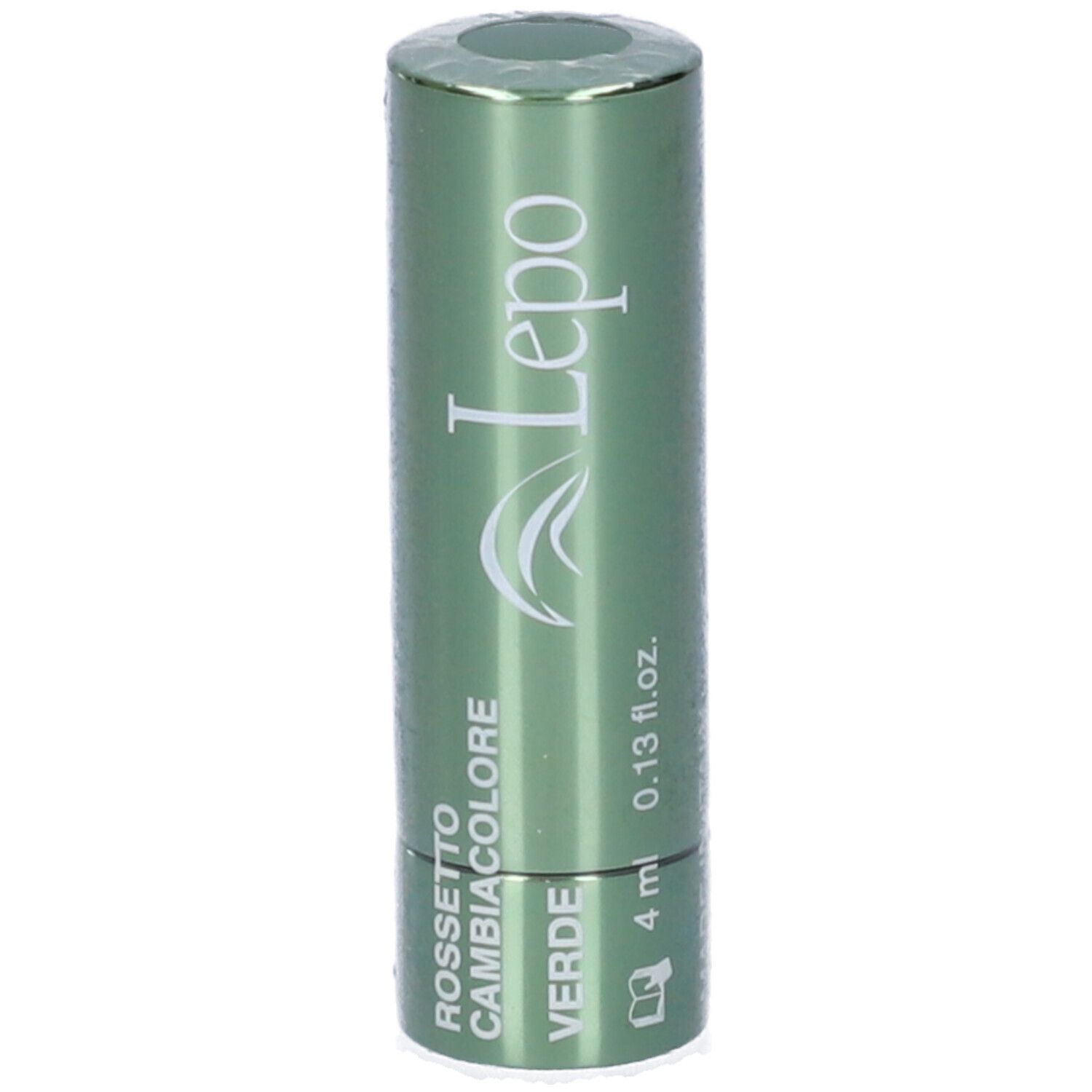 Rossetto verde confezionato. Astuccio cilindrico. Testo: 'Rossetto Cambiacolore Verde'.