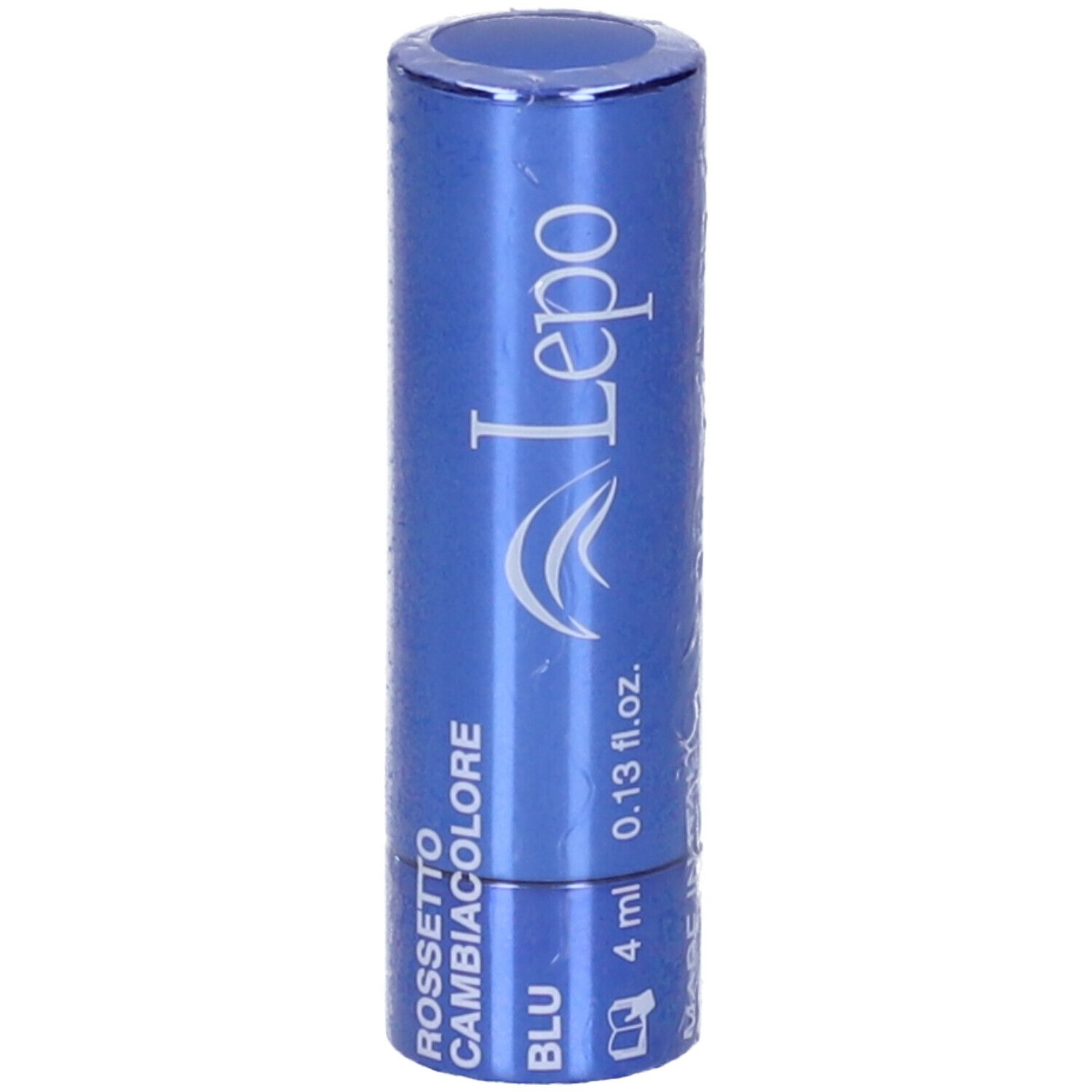 Rossetto blu in confezione. Scritta: Rossetto Cambiacolore, Blu, 4 ml, 0.13 fl.oz.