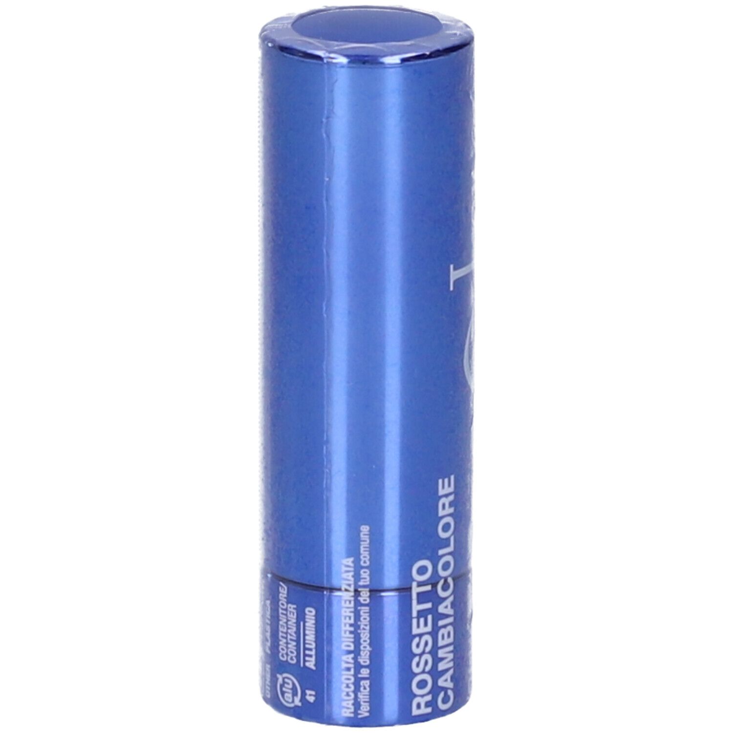 Rossetto blu in confezione. Scritta: Rossetto Cambiacolore. Confezione in alluminio.