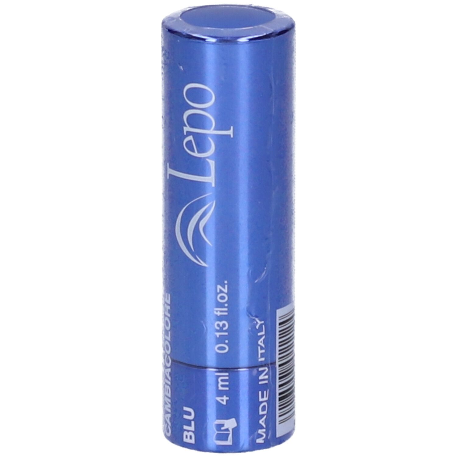 Rossetto blu in confezione. Scritta: Leppo, Cambiacolore, Blu, 4 ml, 0.13 fl.oz., Made in Italy.