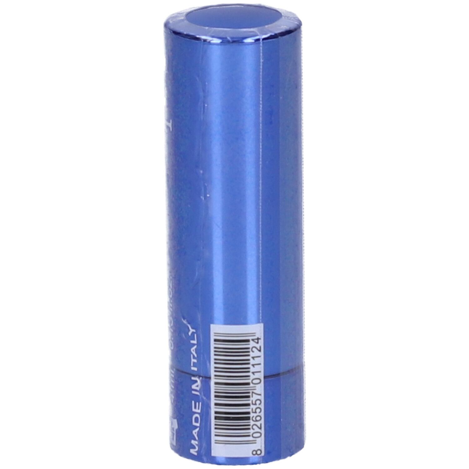 Rossetto blu in confezione. Codice a barre sulla confezione.
