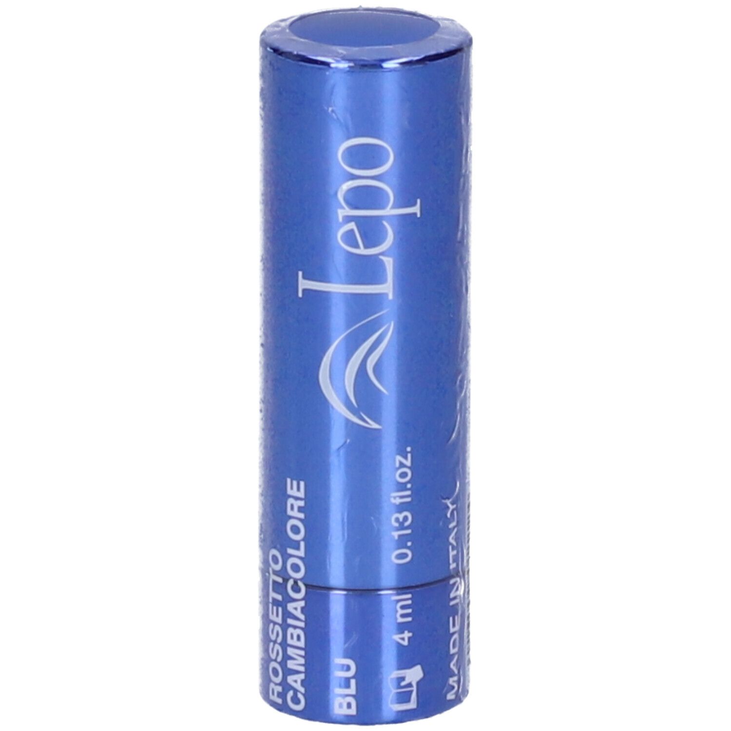 Rossetto blu in confezione. Scritta: Leppo, Rossetto Cambiacolore, Blu, 4 ml, 0.13 fl.oz.