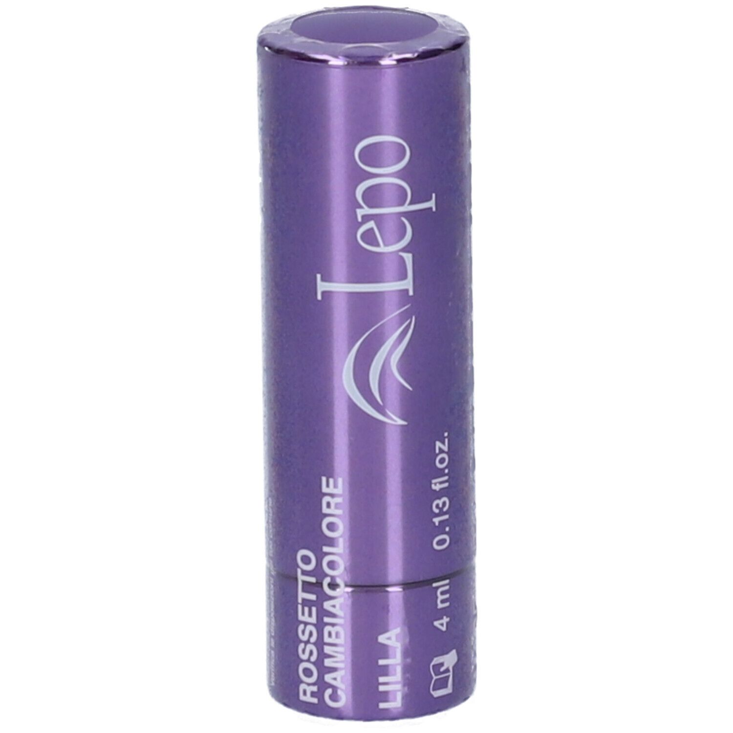 Confezione di rossetto viola. Scritta: "Rossetto Cambiacolore Lilla" e "Lepo".