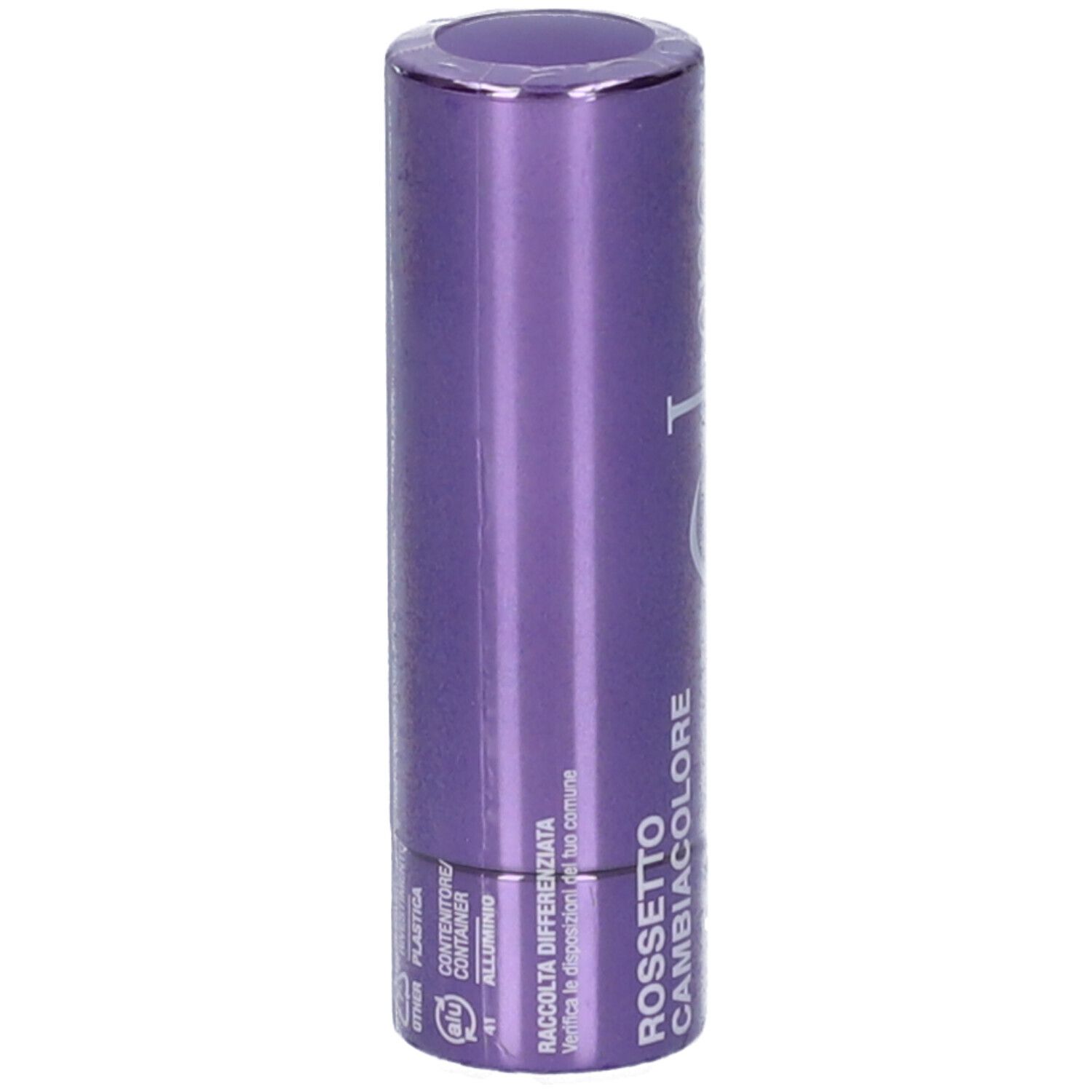 Confezione di rossetto viola. Scritta: "Rossetto Cambiacolore" e informazioni sullo smaltimento.