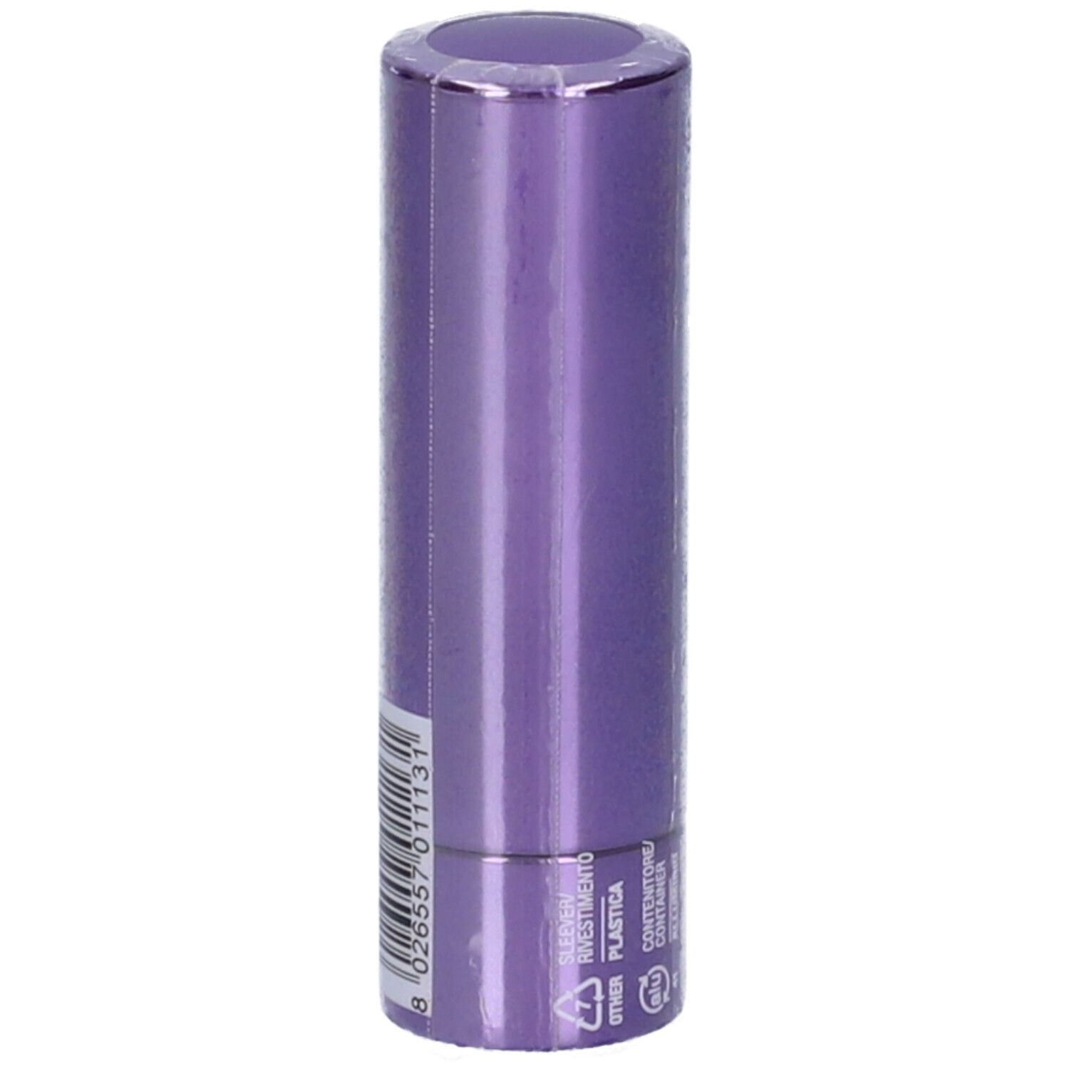 Confezione di rossetto viola. Codice a barre e informazioni sullo smaltimento.