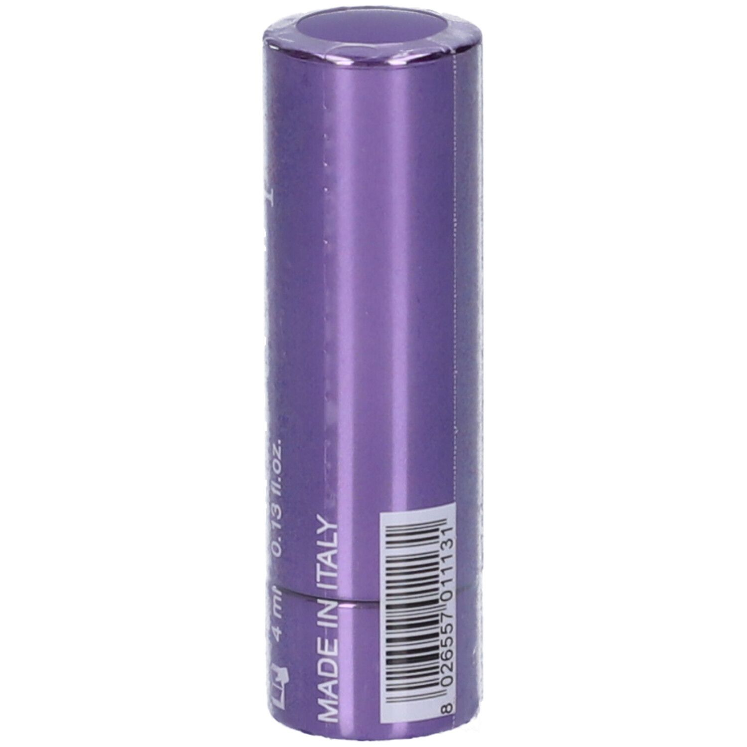 Confezione di rossetto viola. Scritta: "Made in Italy" e codice a barre.