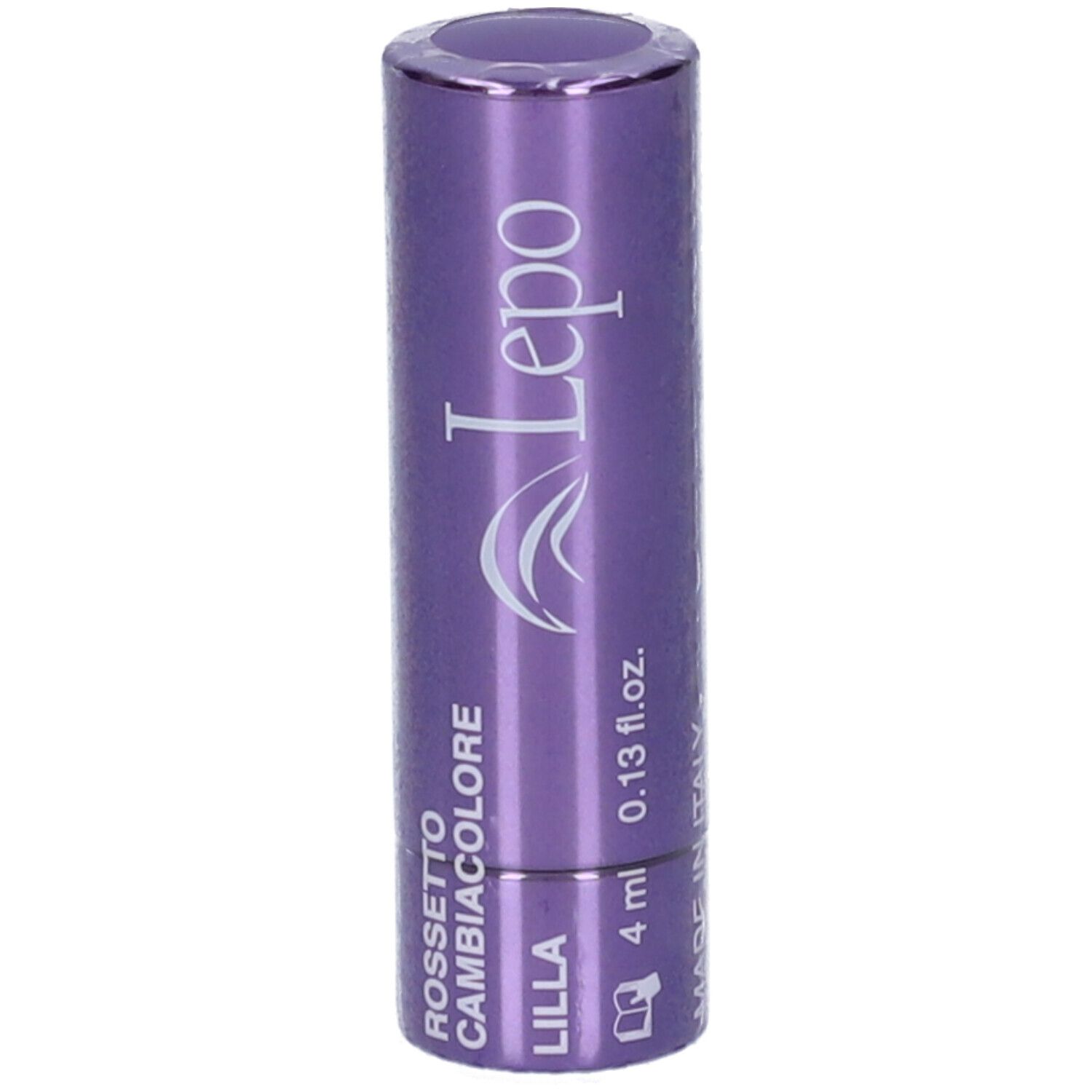 Confezione di rossetto viola. Scritta: "Rossetto Cambiacolore Lilla", "Lepo" e "Made in Italy".