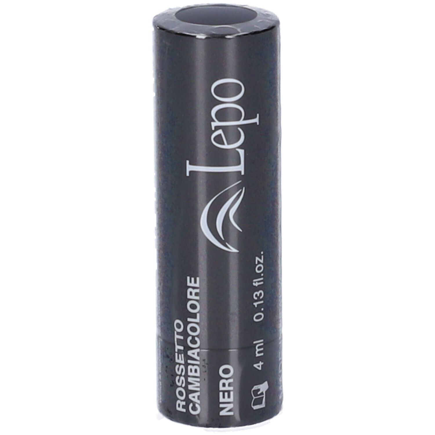 Rossetto nero in confezione. Testo: Rossetto Cambiacolore, Nero, 4 ml.