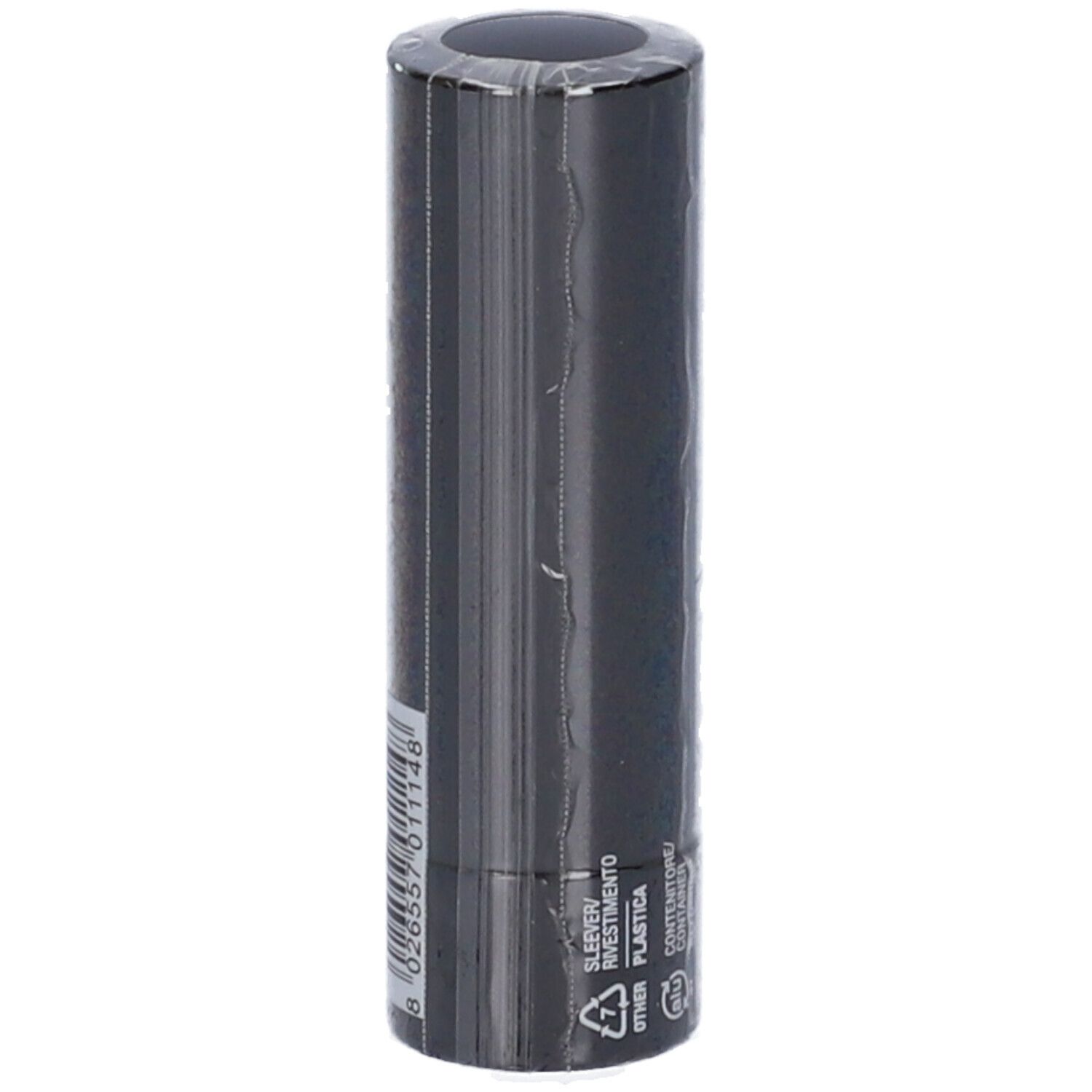 Rossetto nero in confezione. Codice a barre e simboli di riciclaggio.