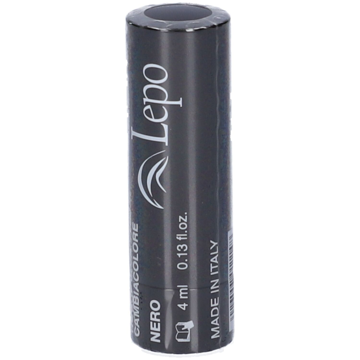 Rossetto nero in confezione. Testo: Rossetto Cambiacolore, Nero, 4 ml, Made in Italy.