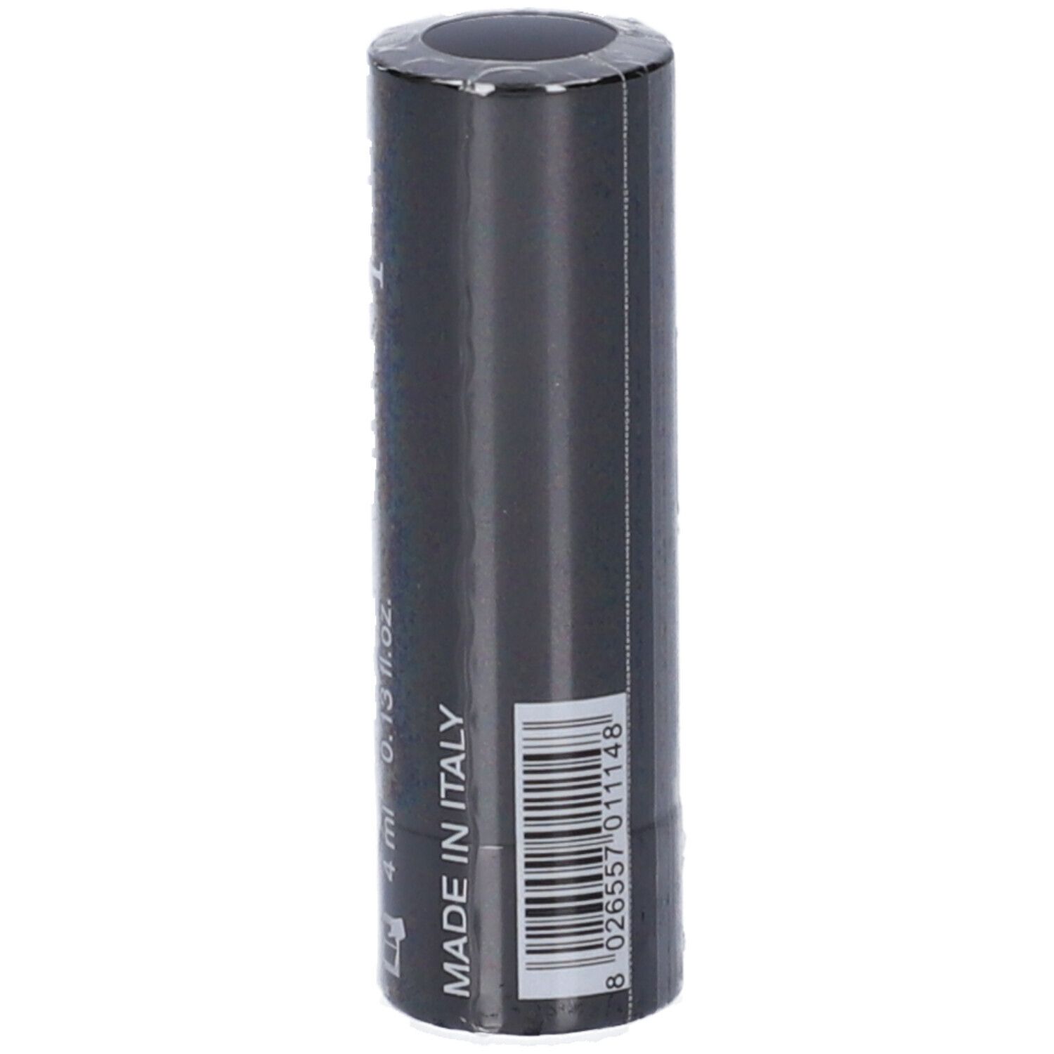 Rossetto nero in confezione. Codice a barre e testo: Made in Italy.