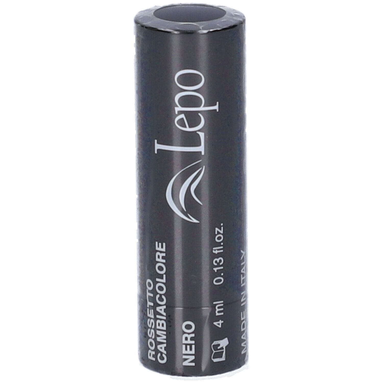 Rossetto nero in confezione. Testo: Rossetto Cambiacolore, Nero, 4 ml.