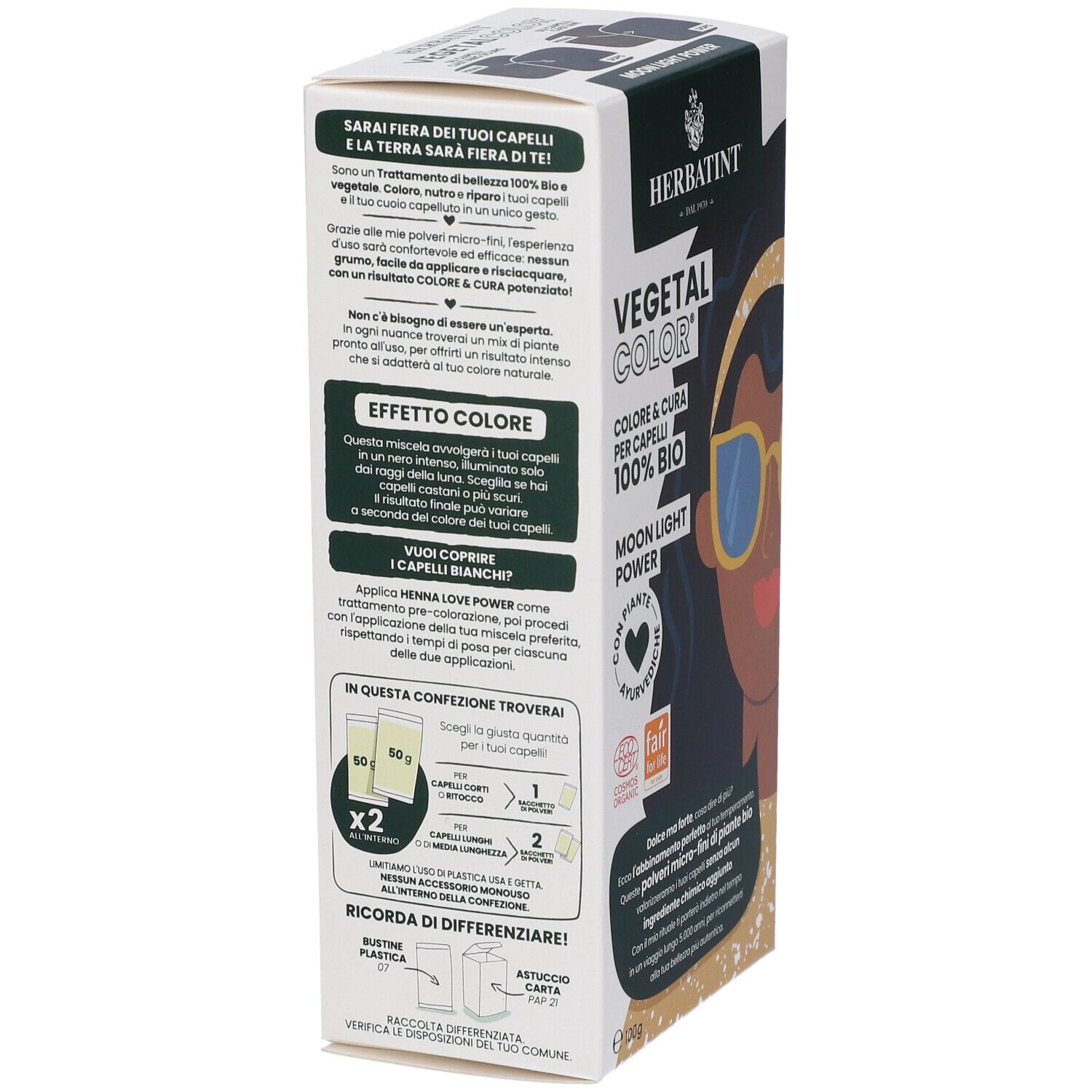 Retro della confezione HERBATINT® VEGETAL COLOR® Moon Light Power. Testo su ingredienti e uso. Contiene due bustine.