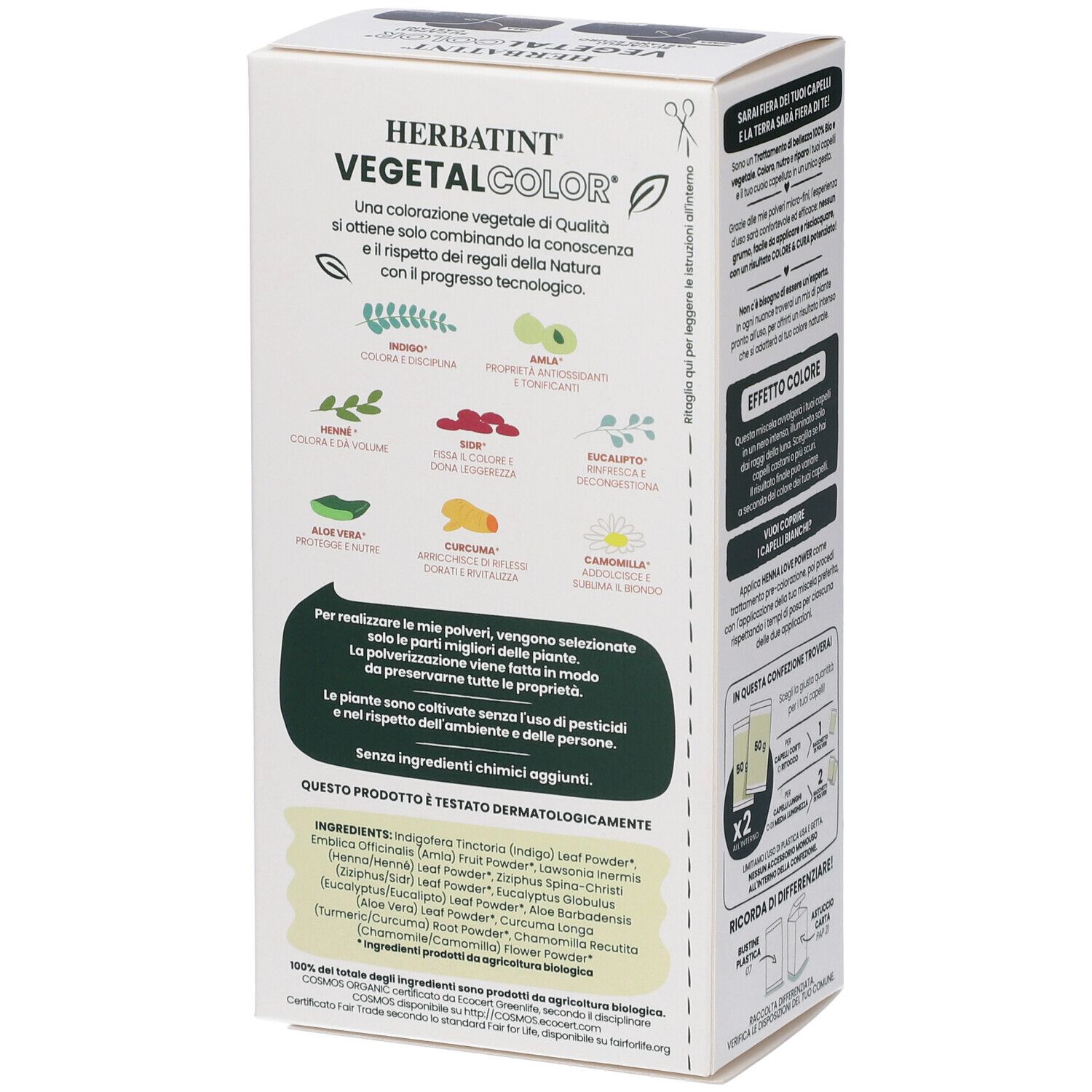 Lato della confezione HERBATINT® VEGETAL COLOR® Moon Light Power. Testo su ingredienti e certificazioni. Illustrazioni di piante.
