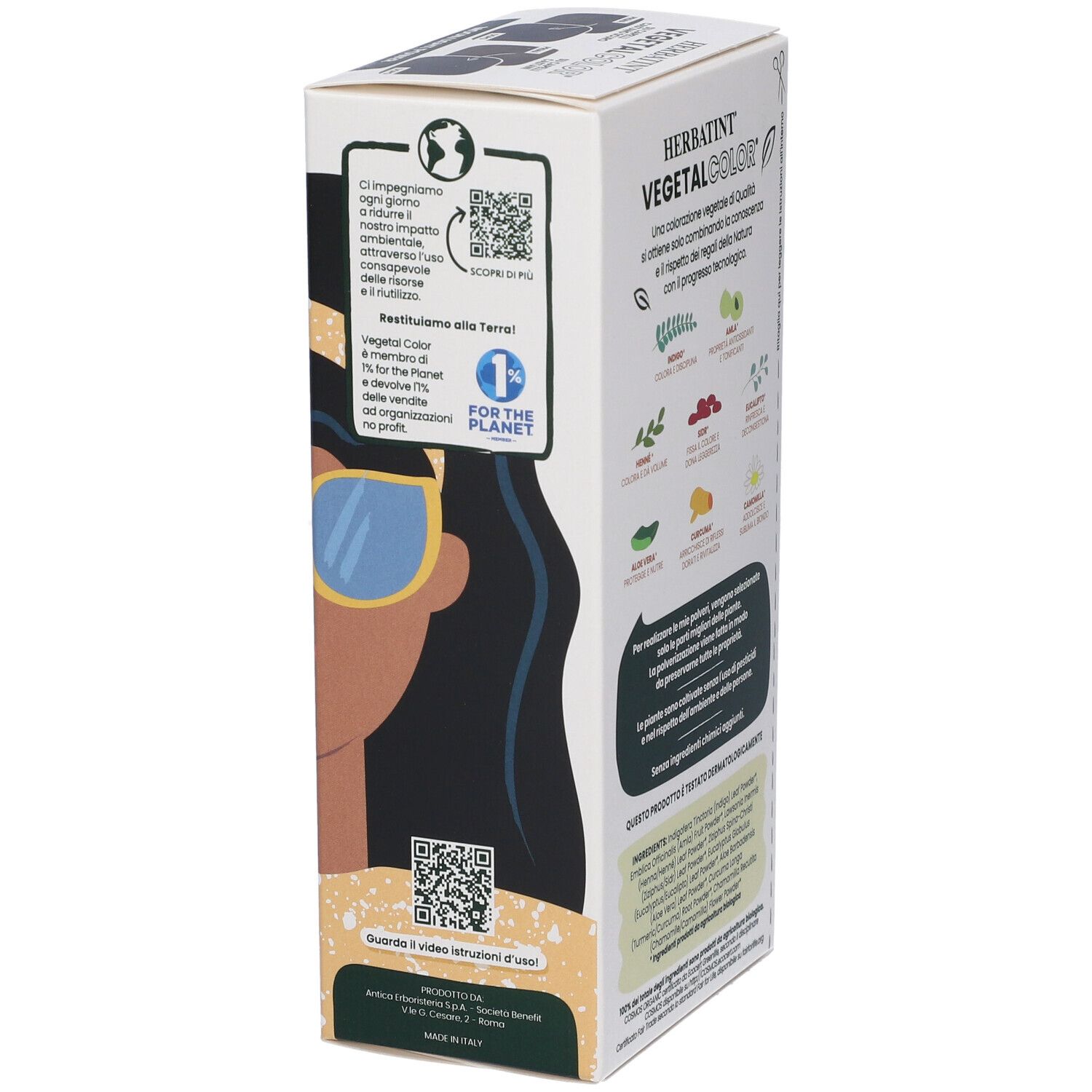 Lato della confezione HERBATINT® VEGETAL COLOR® Moon Light Power. Codici QR e testo su sostenibilità e ambiente.