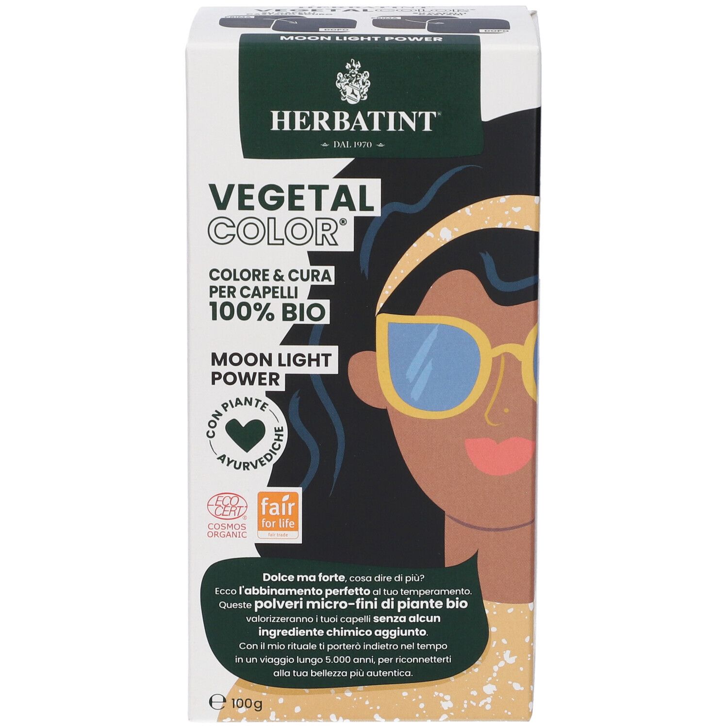 Confezione HERBATINT® VEGETAL COLOR® Moon Light Power. Illustrazione di donna con occhiali. Testo: VEGETAL COLOR, 100% BIO.