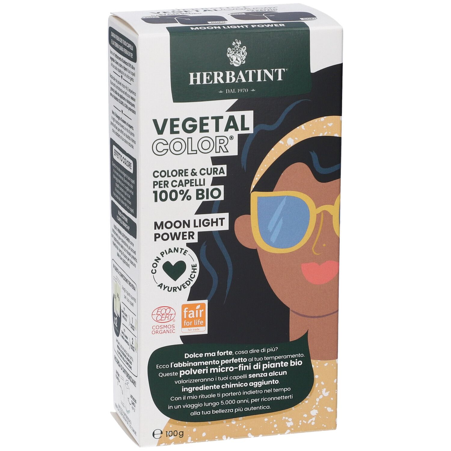 Confezione HERBATINT® VEGETAL COLOR® Moon Light Power. Illustrazione di donna con occhiali. Testo: VEGETAL COLOR, 100% BIO.