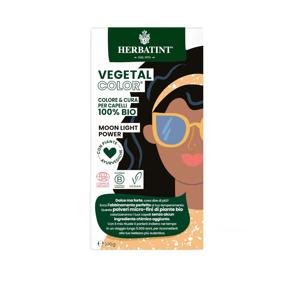 Scatola HERBATINT VEGETAL COLOR. Contiene immagine del prodotto, testo e loghi. 100% BIO, vegano, con piante. Moon Light Power.