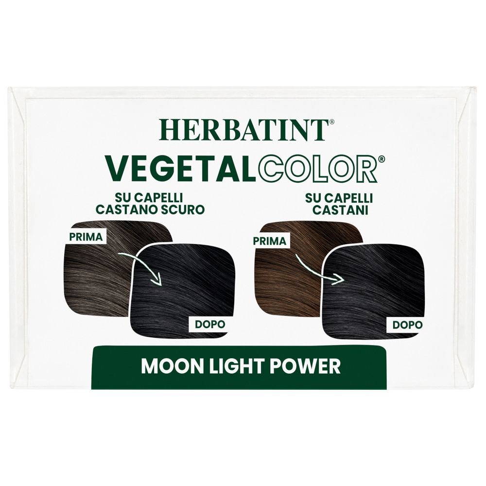 Scatola HERBATINT VEGETAL COLOR. Mostra i risultati del colore per capelli scuri e castani. Nome del prodotto e loghi.