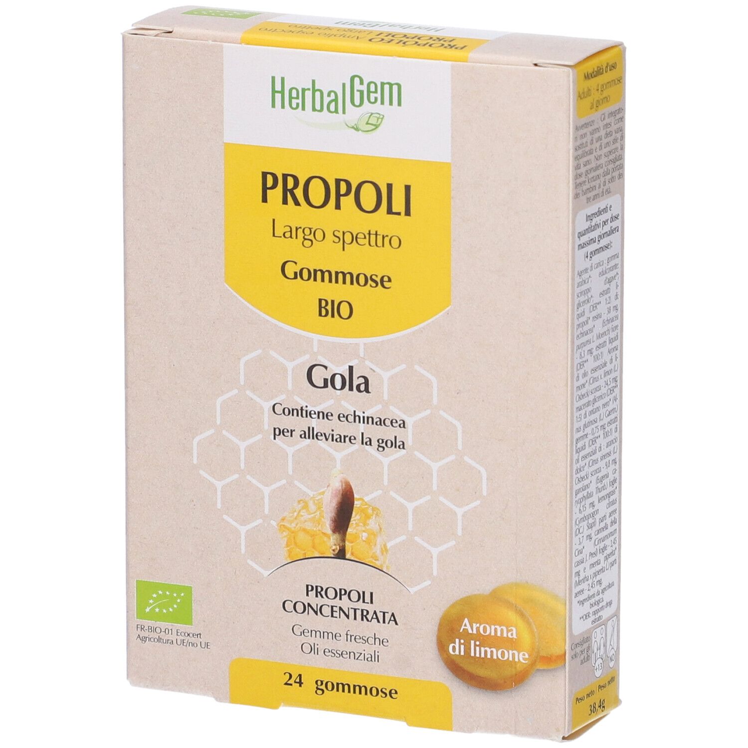 Scatola Herbalgem Propoli Gommose BIO. 24 caramelle gommose, gusto limone. Scritto: Propoli Largo Spettro. Certificazione BIO.