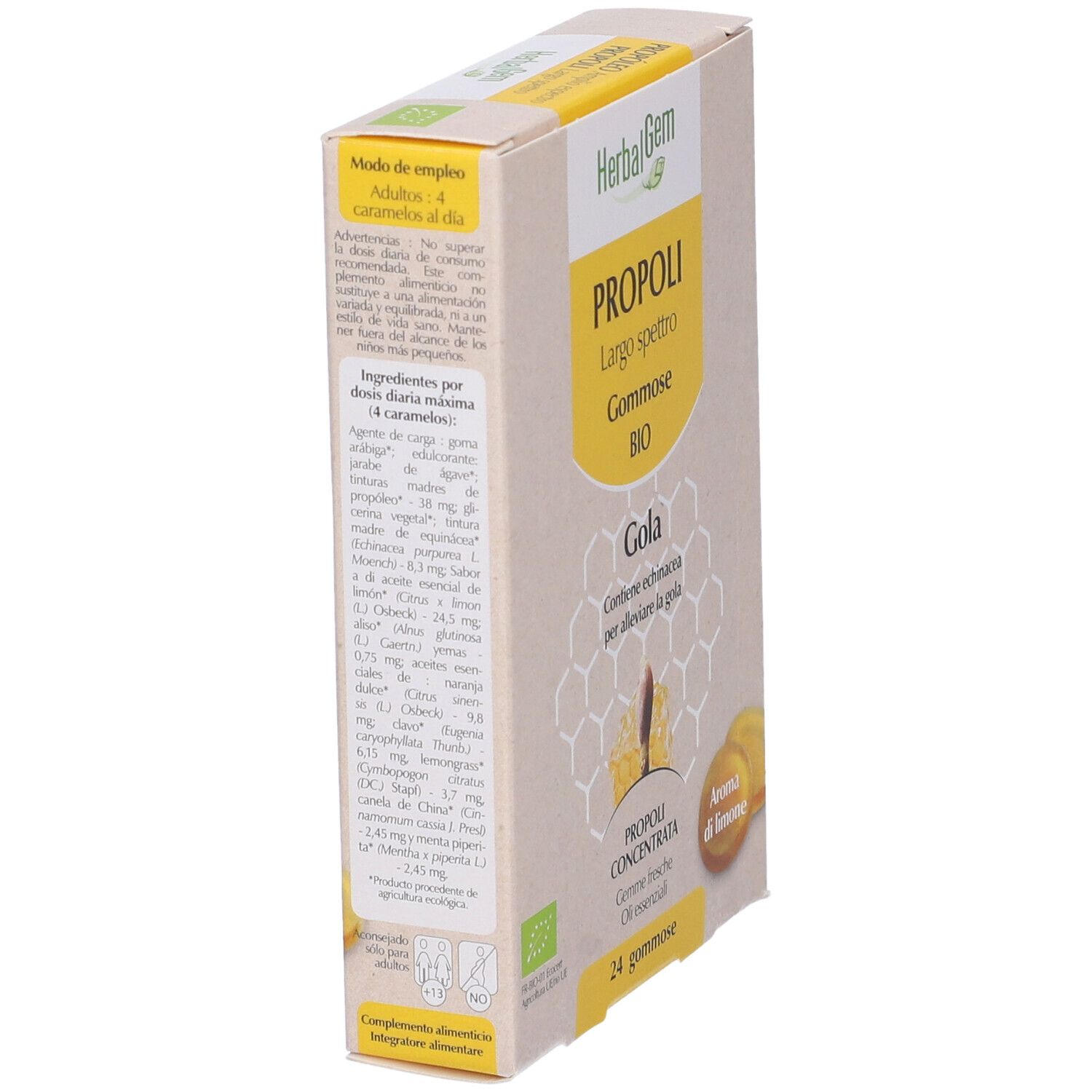 Scatola Herbalgem Propoli Gommose BIO. 24 caramelle gommose, gusto limone. Scritto: Propoli Largo Spettro. Certificazione BIO.