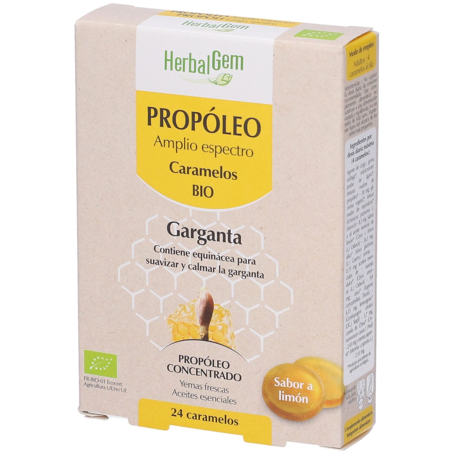 Scatola Herbalgem Propoli Gommose BIO. 24 caramelle gommose, gusto limone. Scritto: Propoli Largo Spettro. Certificazione BIO.
