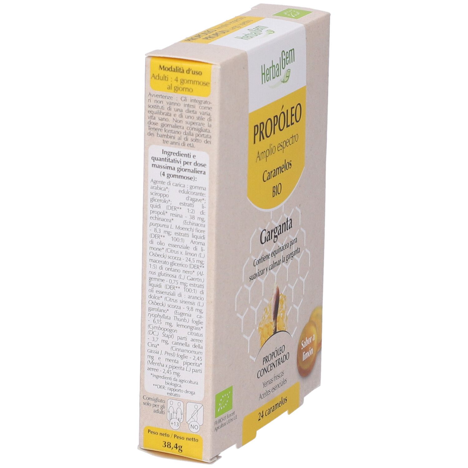 Scatola Herbalgem Propoli Gommose BIO. 24 caramelle gommose, gusto limone. Scritto: Propoli Largo Spettro. Certificazione BIO.