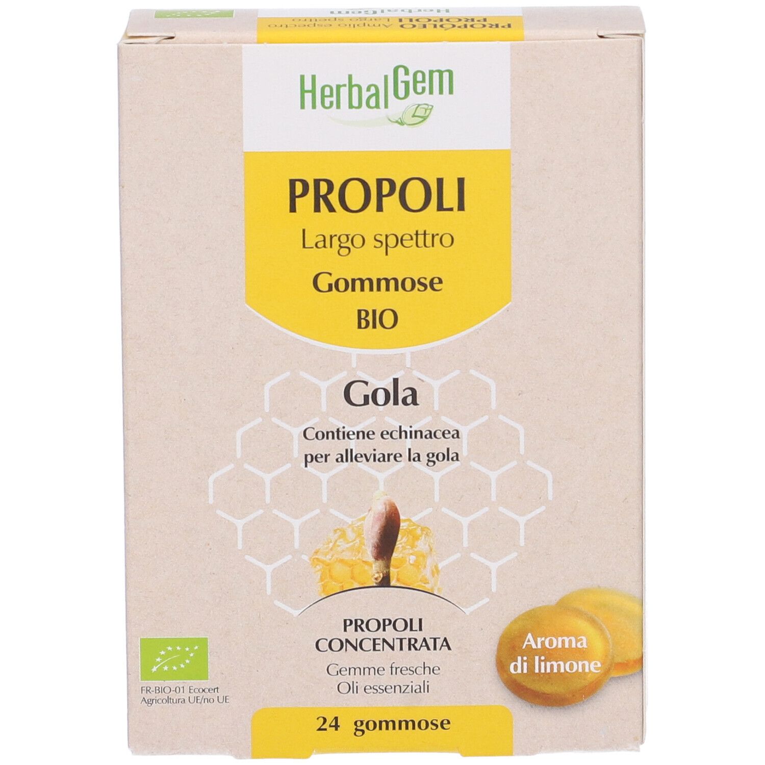 Scatola Herbalgem Propoli Gommose BIO. 24 caramelle gommose, gusto limone. Scritto: Propoli Largo Spettro. Certificazione BIO.